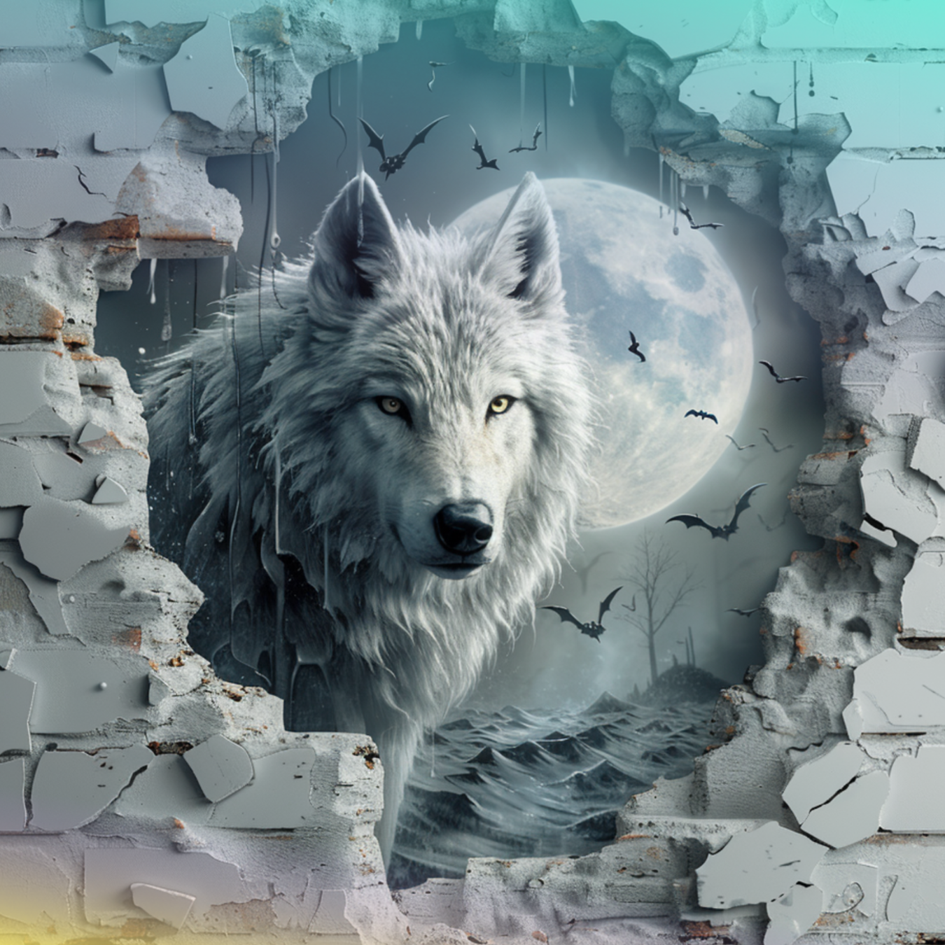 White wolf's head peers through a broken wall at a full moon night.