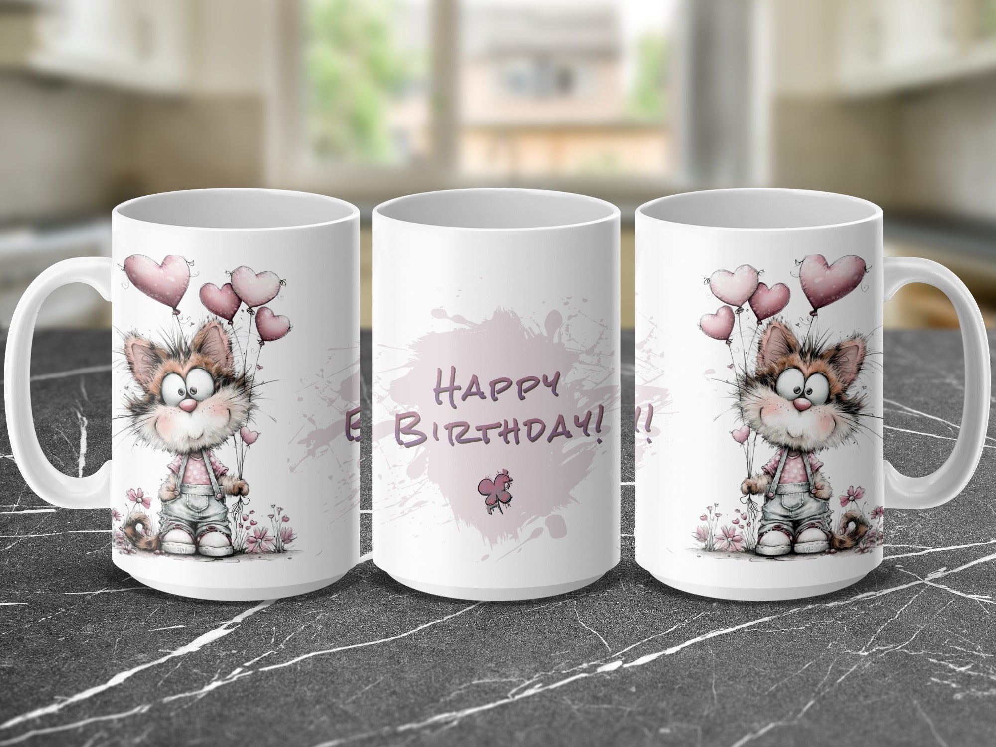Three views of a ceramic mug with a cartoon cat and "Happy Birthday!" text.