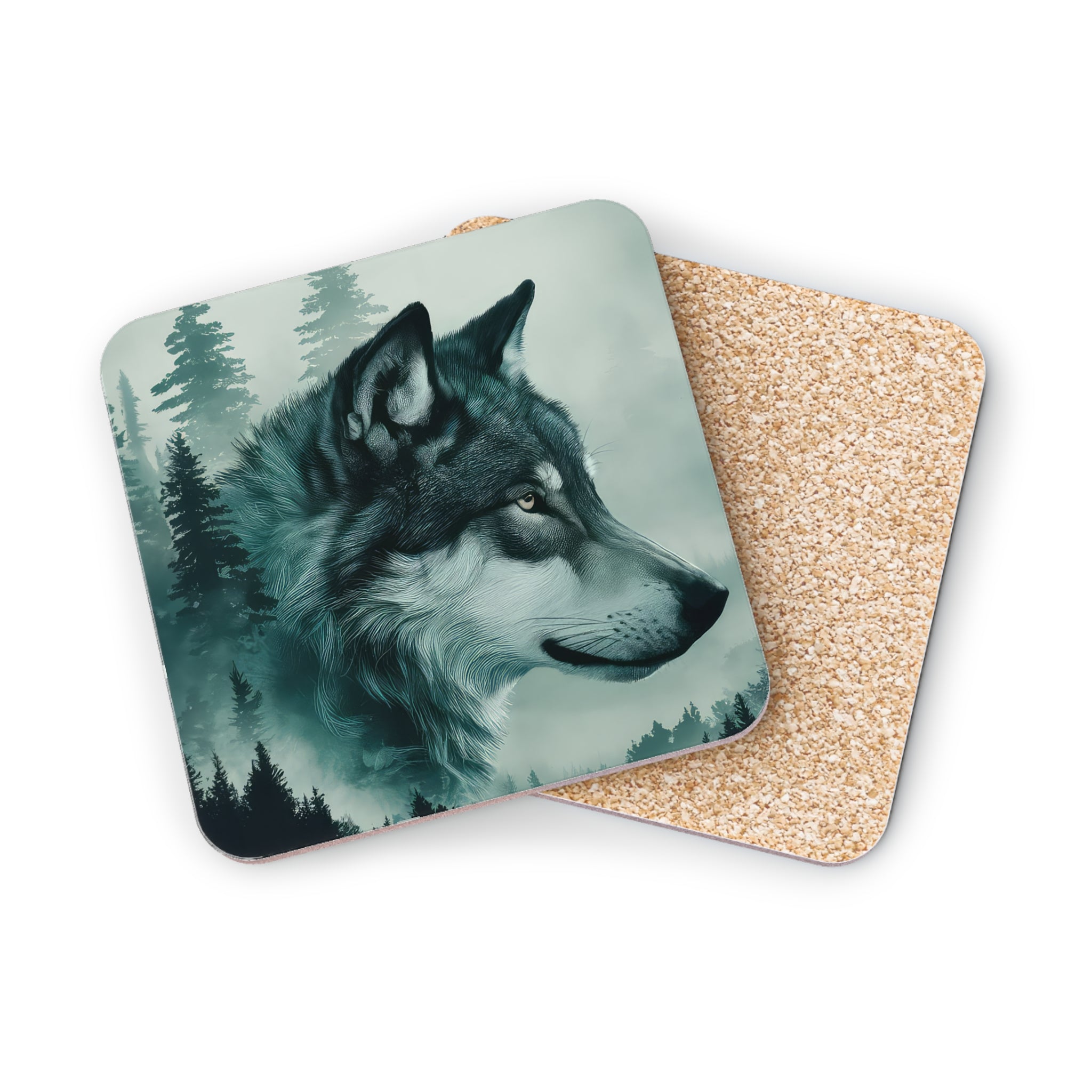 Wolf profile illustration on a cork coaster with a forest background.