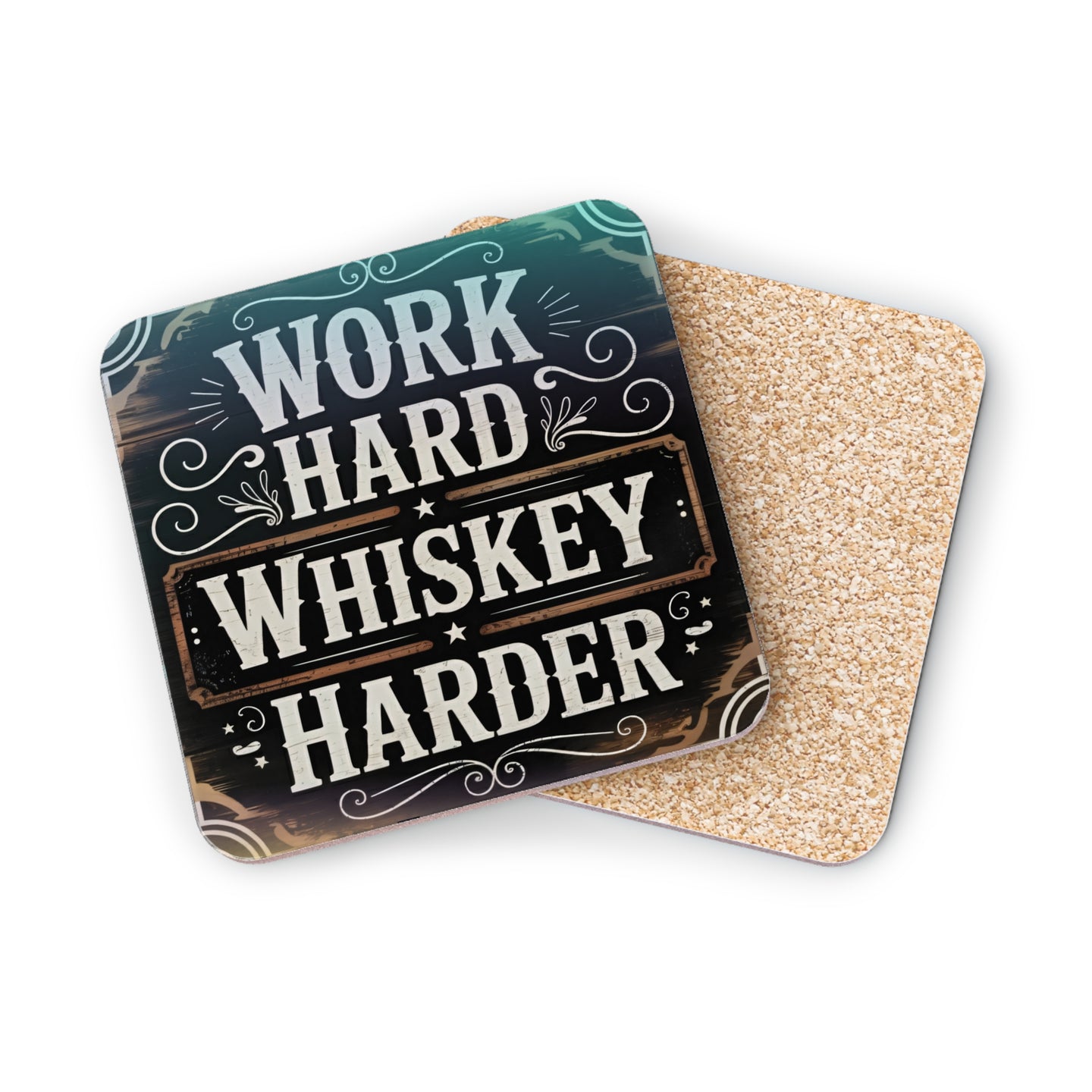 Coasters with "Work Hard Whiskey Harder" text on a distressed wood background.