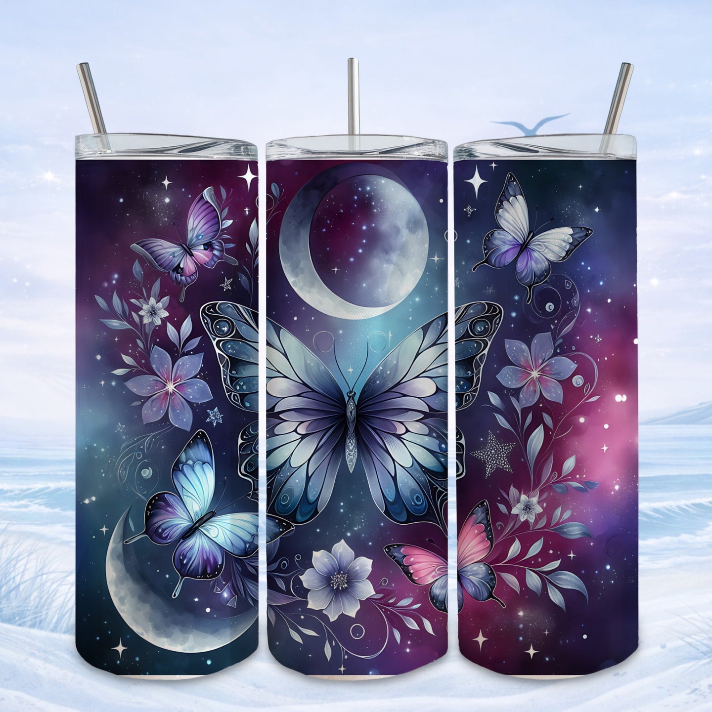 celestial butterfly moon tumbler design