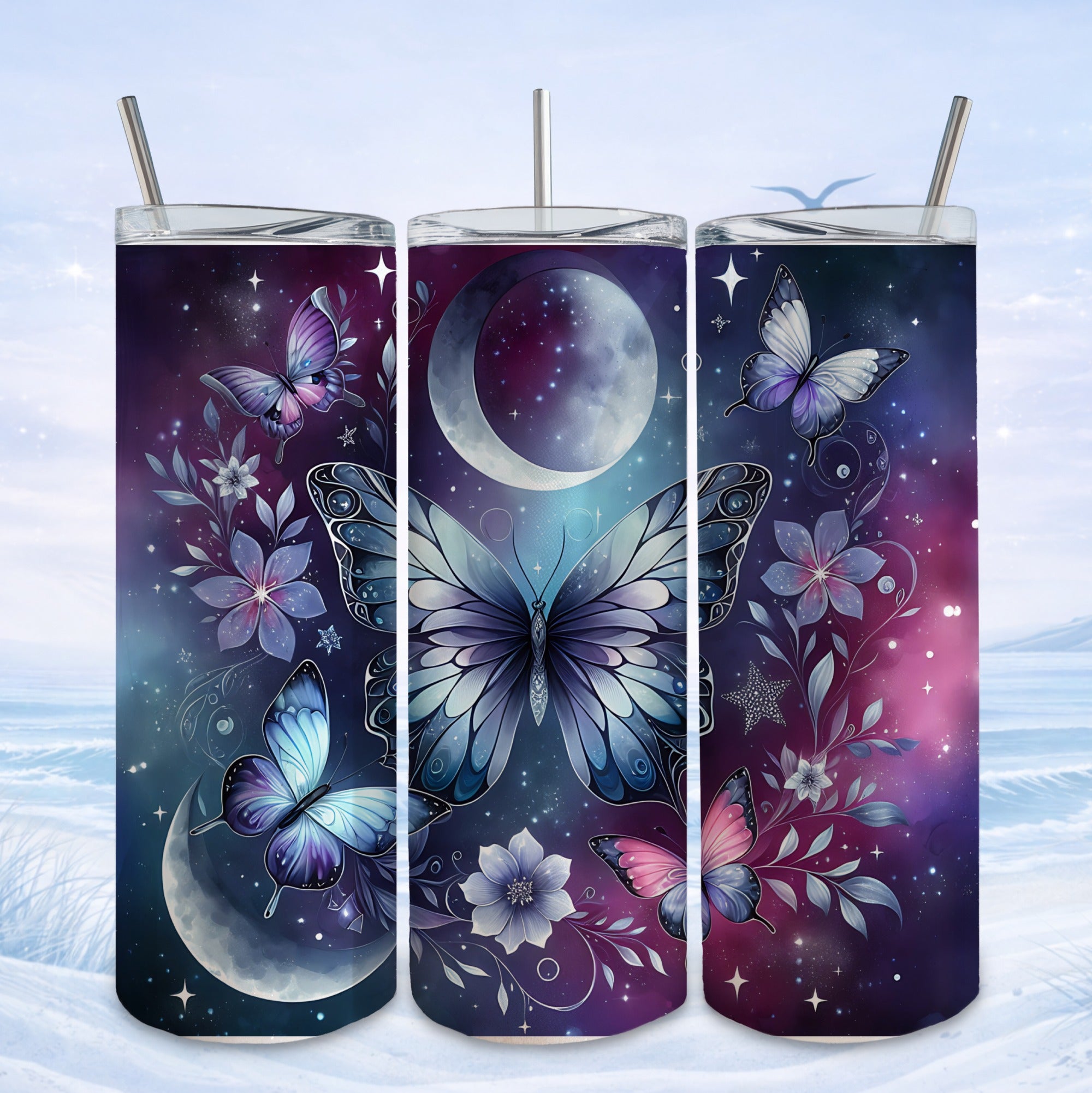 celestial butterfly moon tumbler design