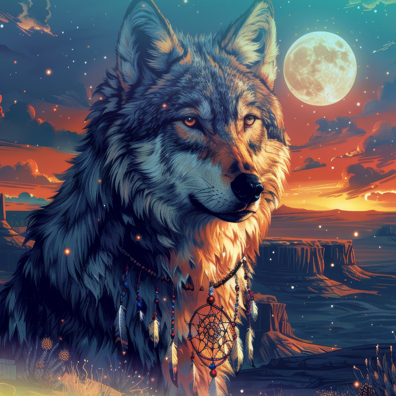 Wolf with dreamcatcher necklace against a full moon and desert landscape.