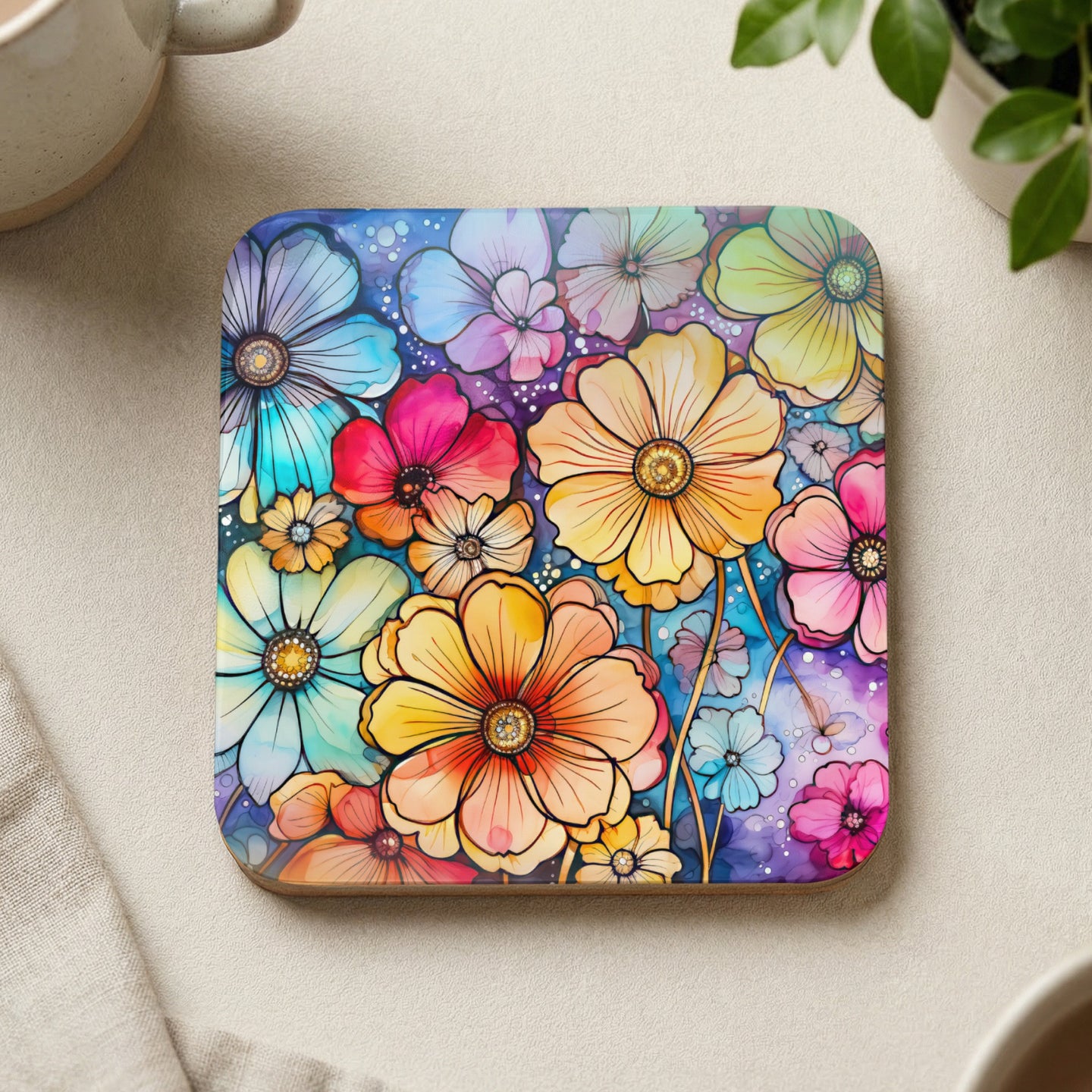 Square coaster with colorful watercolor flowers on a speckled blue background.