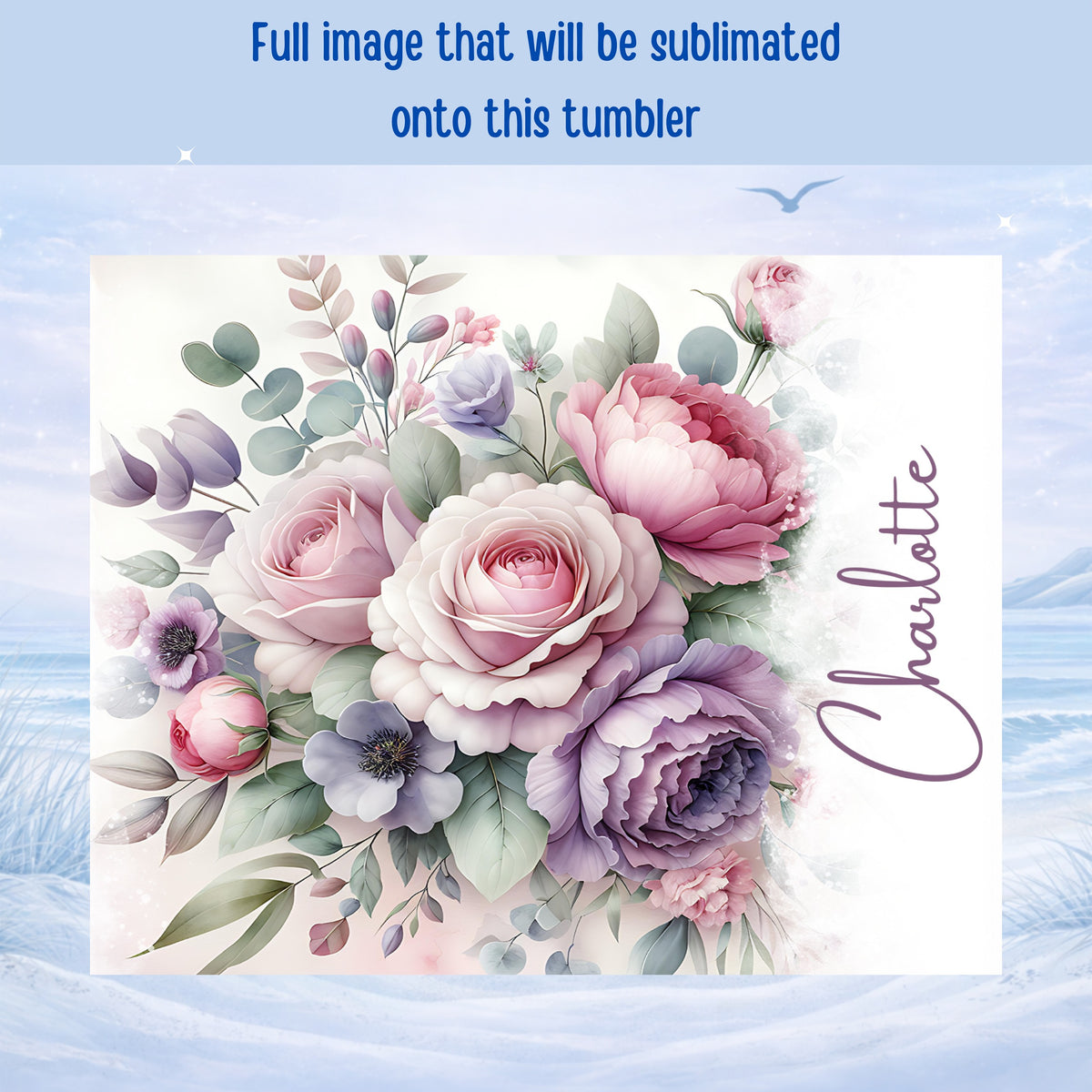 Floral watercolor design with "Charlotte" text for sublimation.