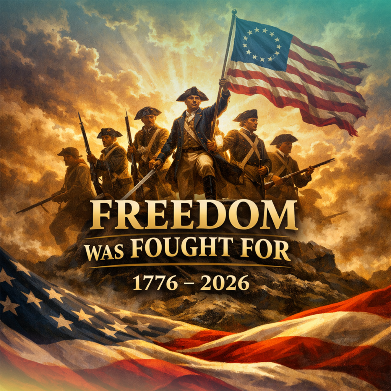 Revolutionary War soldiers with flag, text "FREEDOM WAS FOUGHT FOR 1776 - 2026".