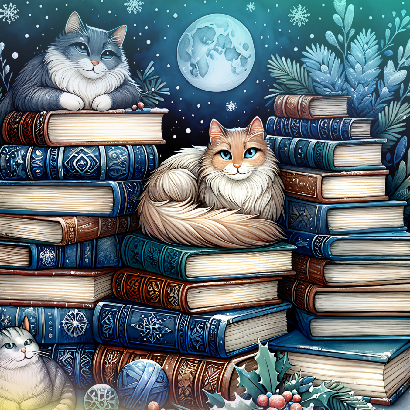 Cats lounging on stacks of antique books under a full moon.