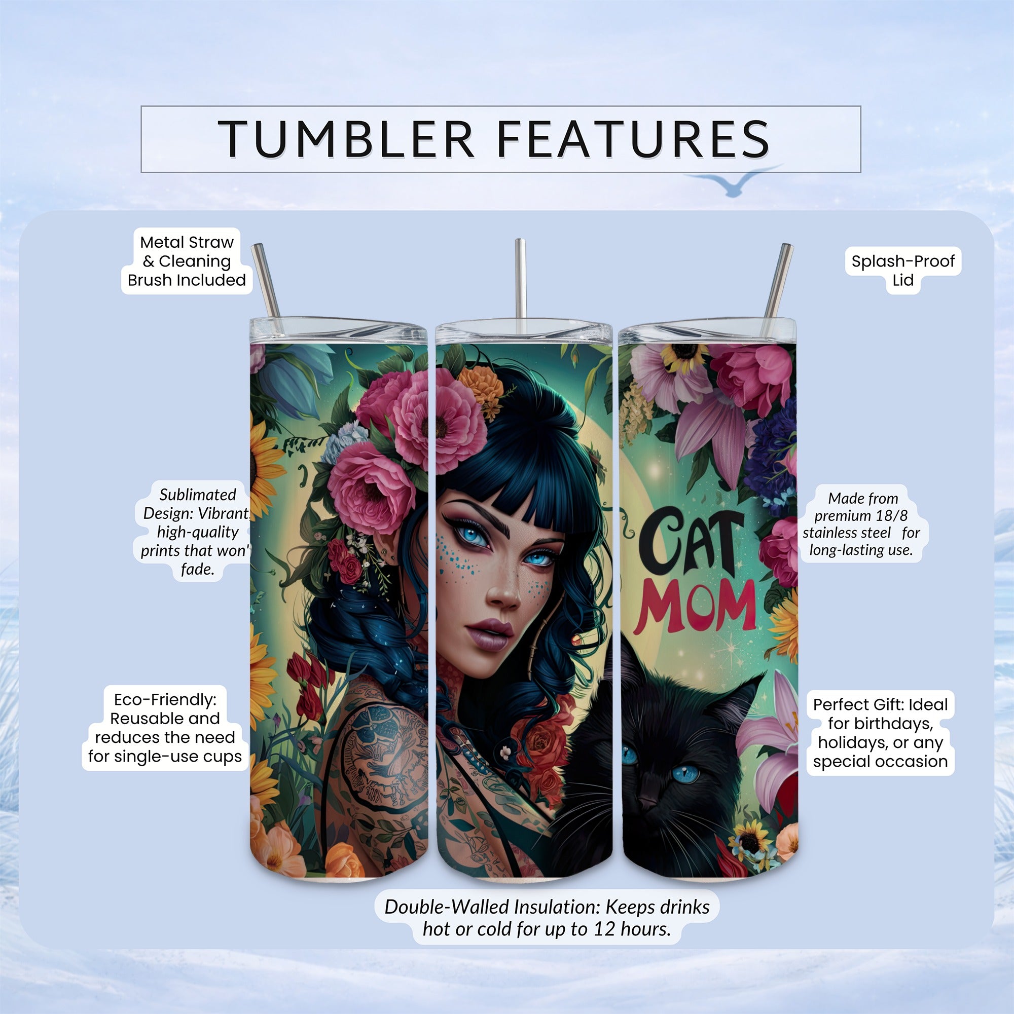 Tumbler with "Cat Mom" design featuring a woman and black cat, with feature callouts.