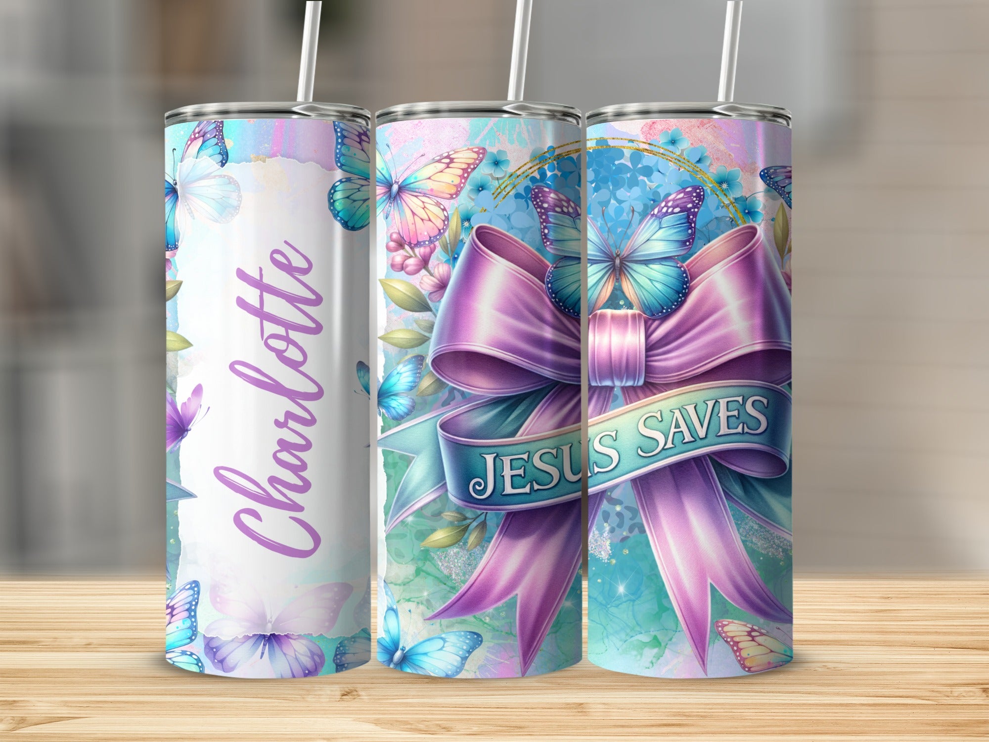 Jesus Saves tumbler with bow and butterflies, personalized with Charlotte.