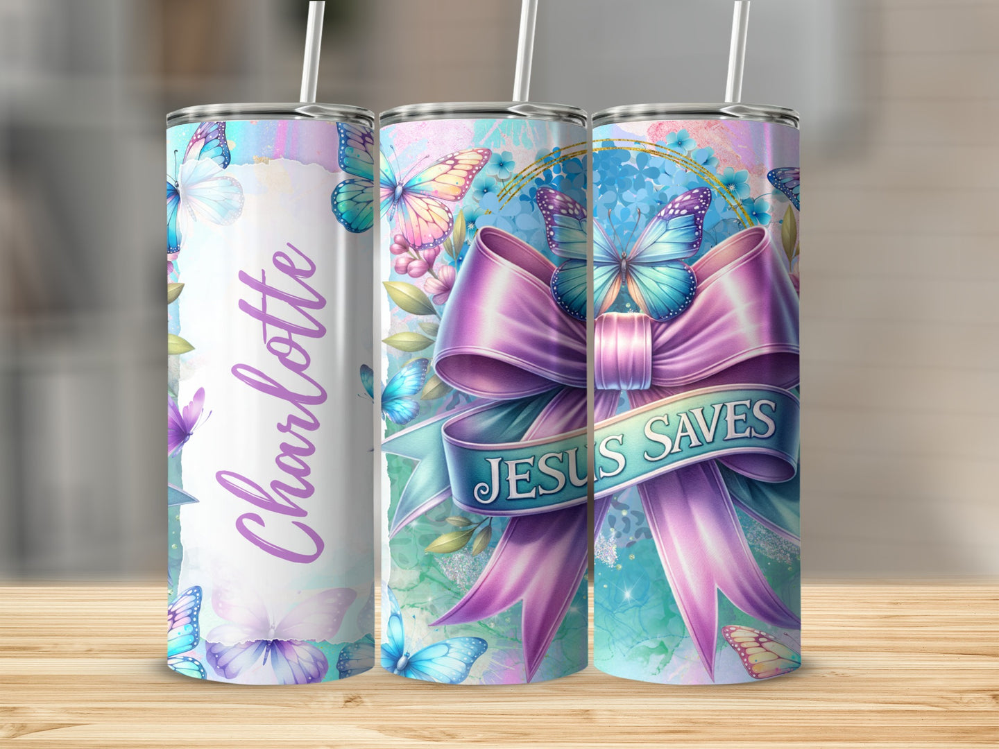 Jesus Saves tumbler with bow and butterflies, personalized with Charlotte.