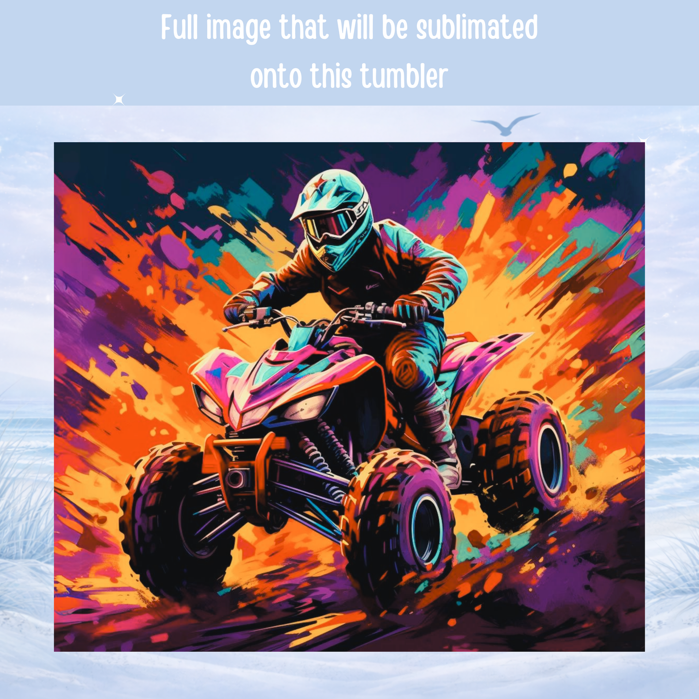 Colorful graphic of a person riding an ATV with abstract background