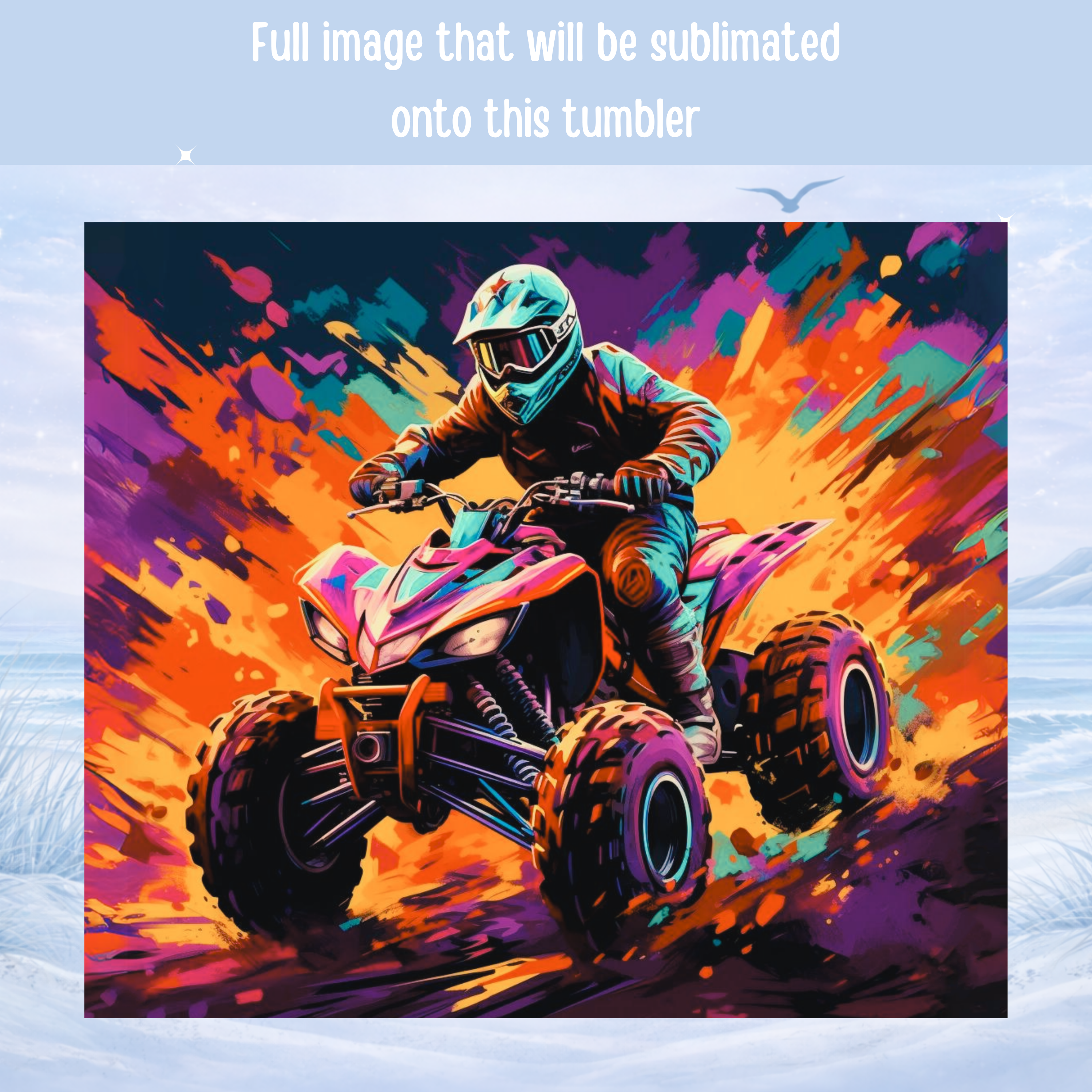 Colorful graphic of a person riding an ATV with abstract background