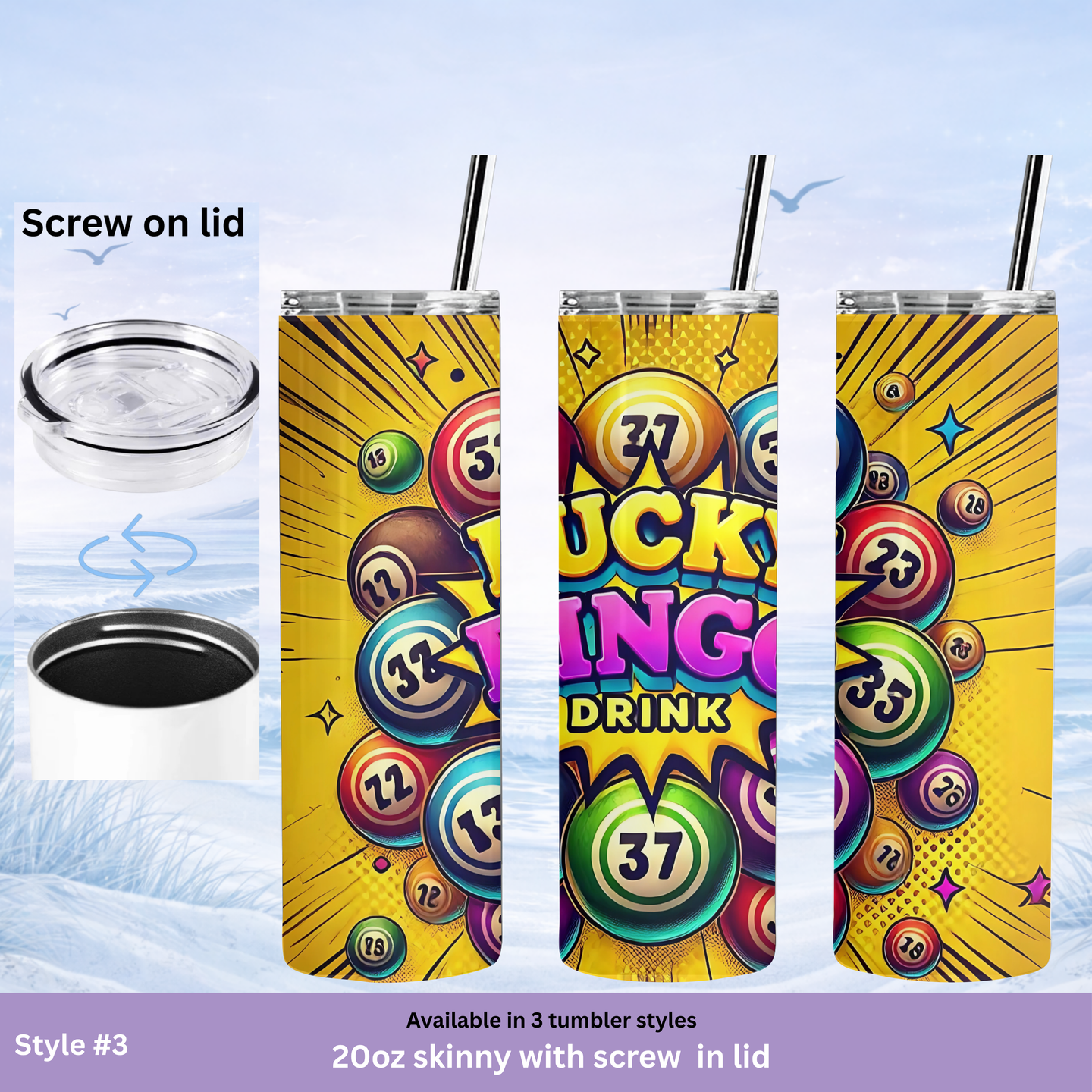 Colorful tumbler with lottery ball design and screw-on lid on a light blue background.