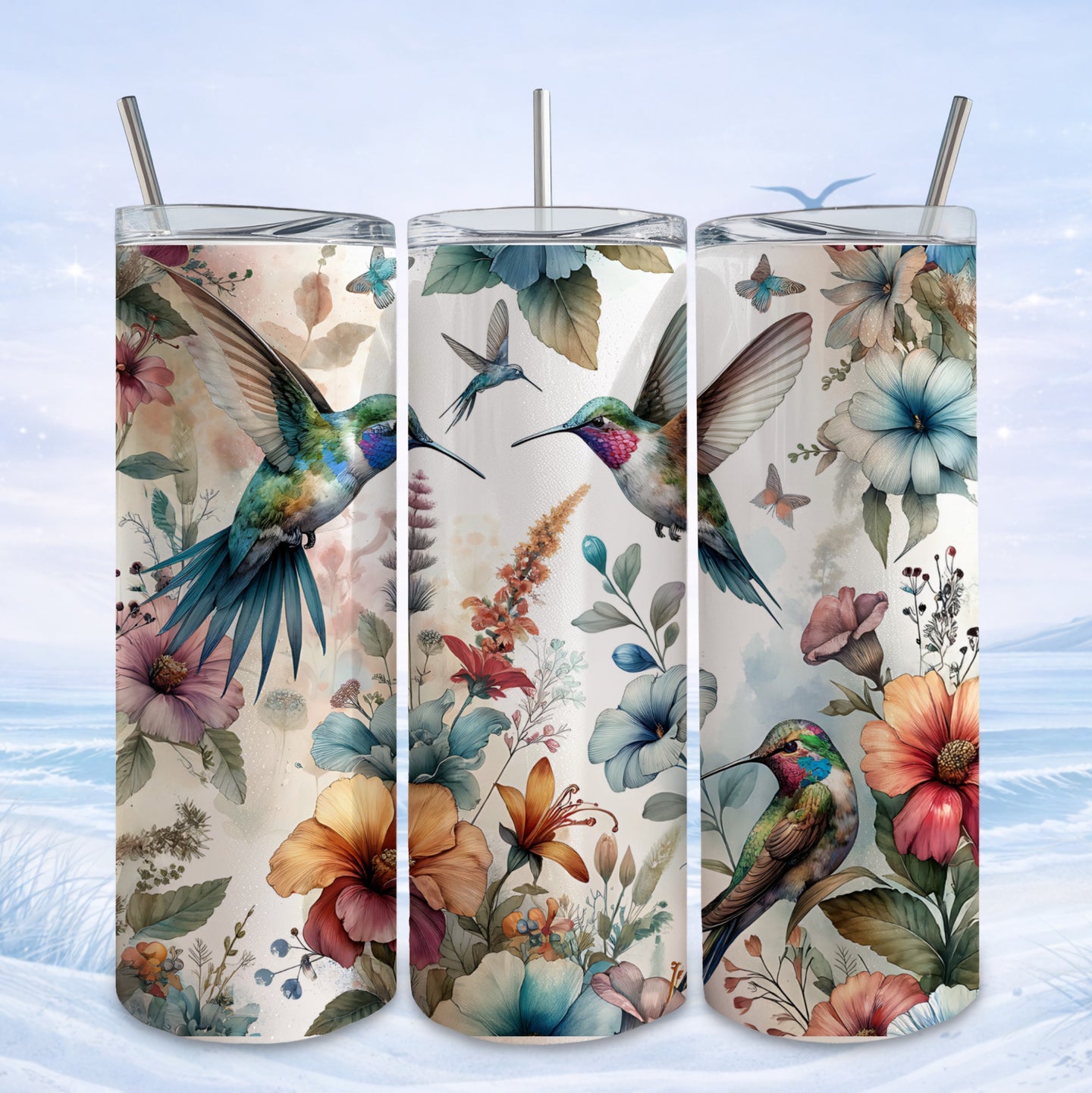 colorful hummingbird flower stainless steel tumbler