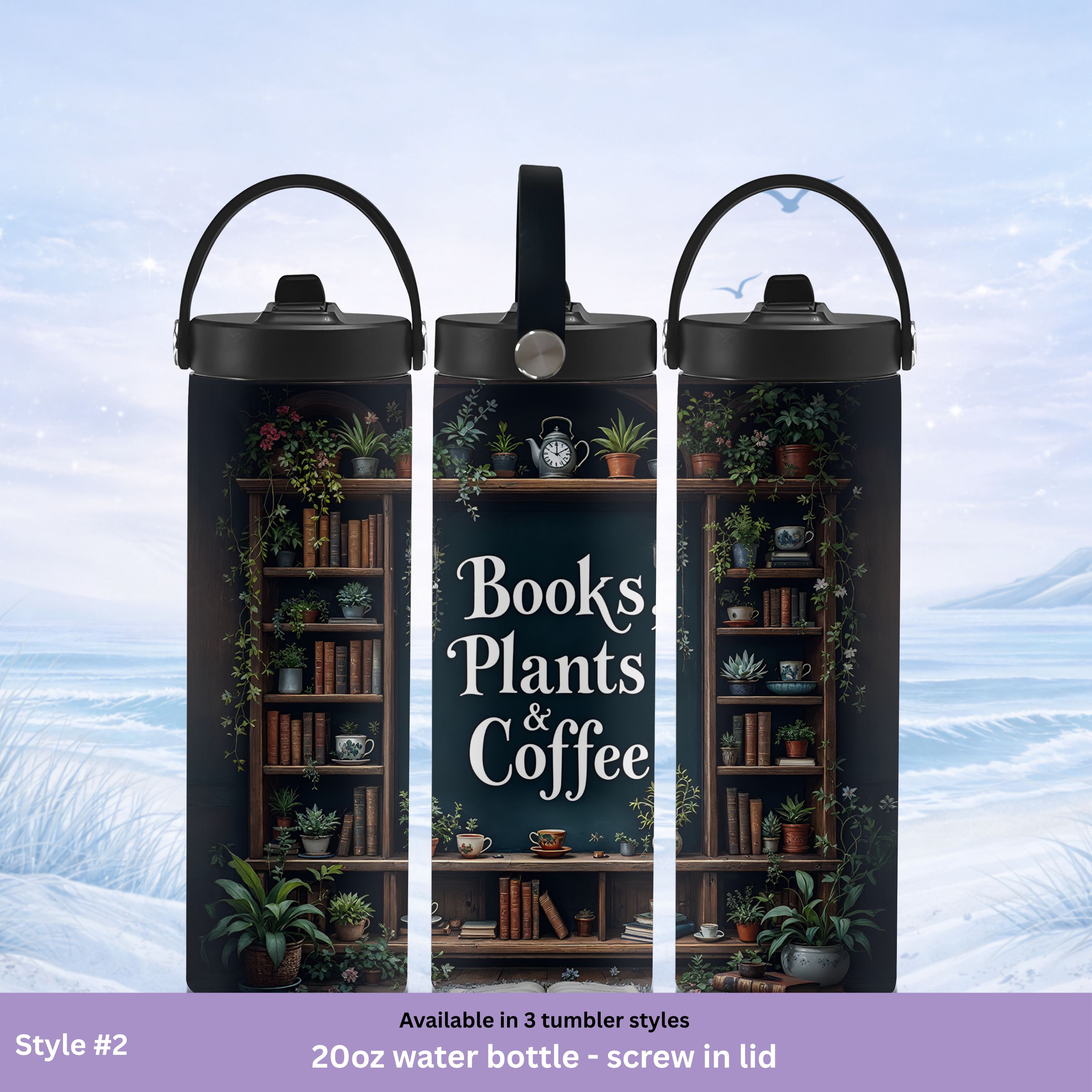 cozy aesthetic tumbler with bookshelf