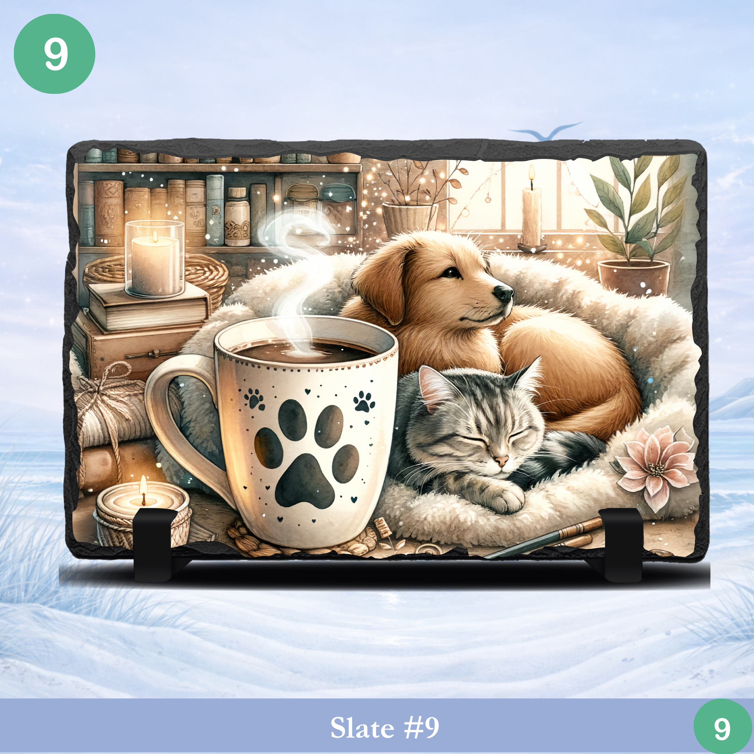 cozy pet slate dog and cat coffee scene warm home decor animal lover gift