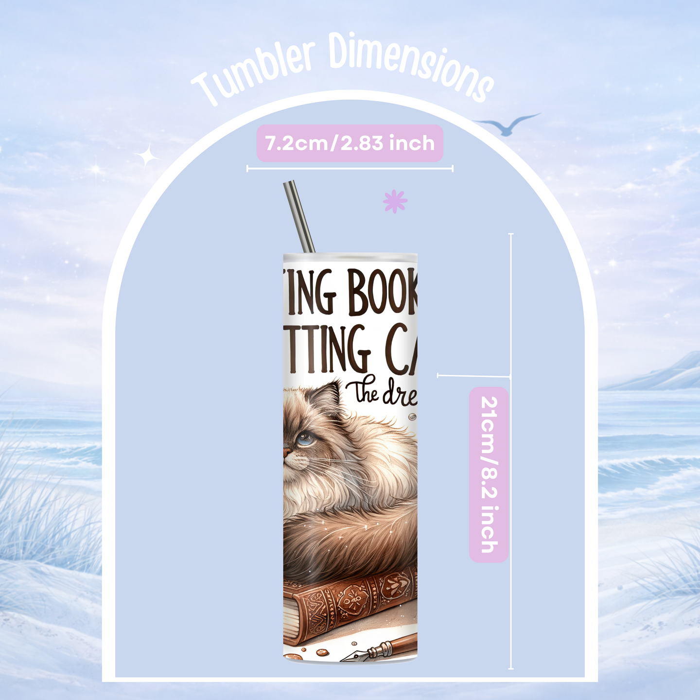 cozy reader tumbler cat books feather design