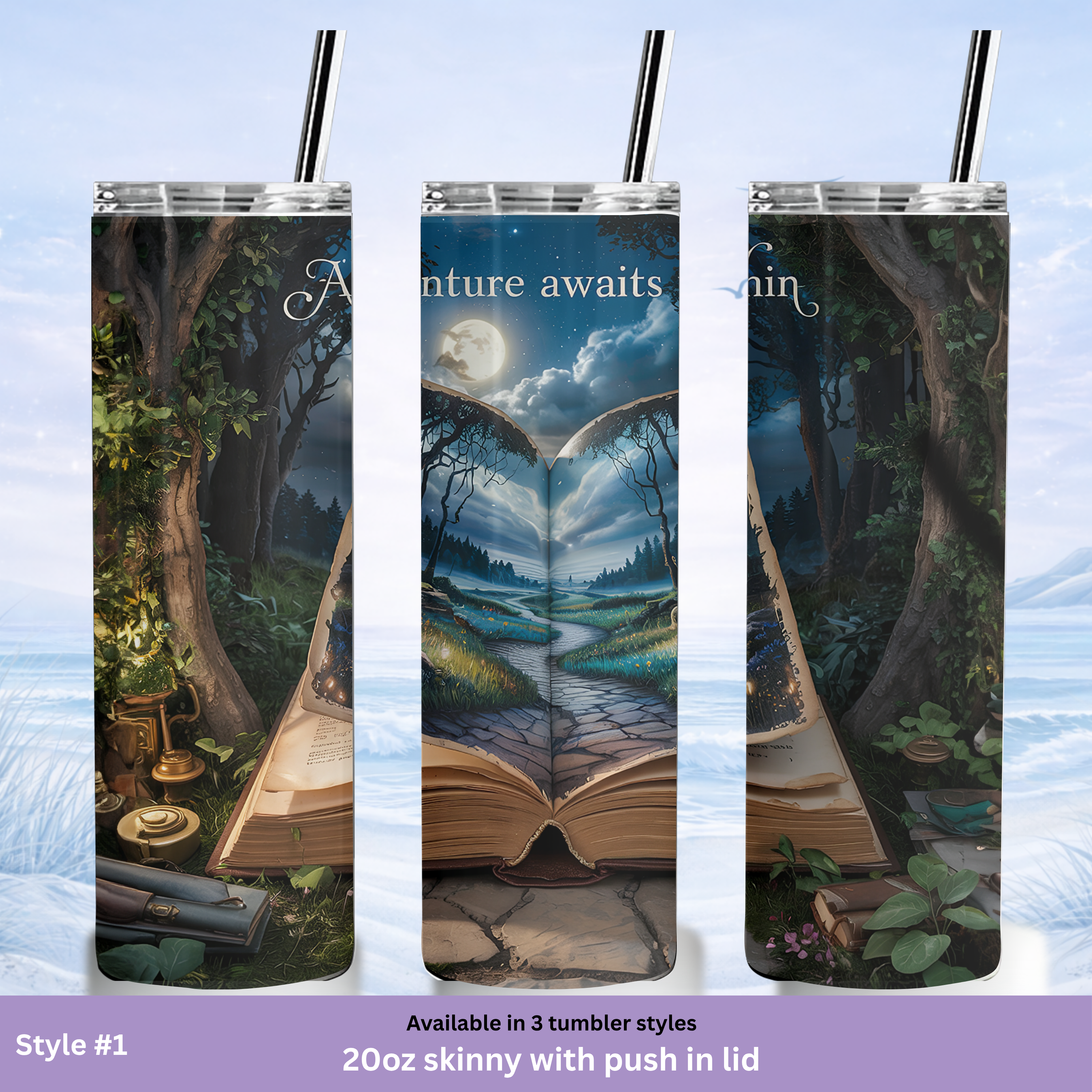 cozy reader tumbler fantasy book design coffee cup