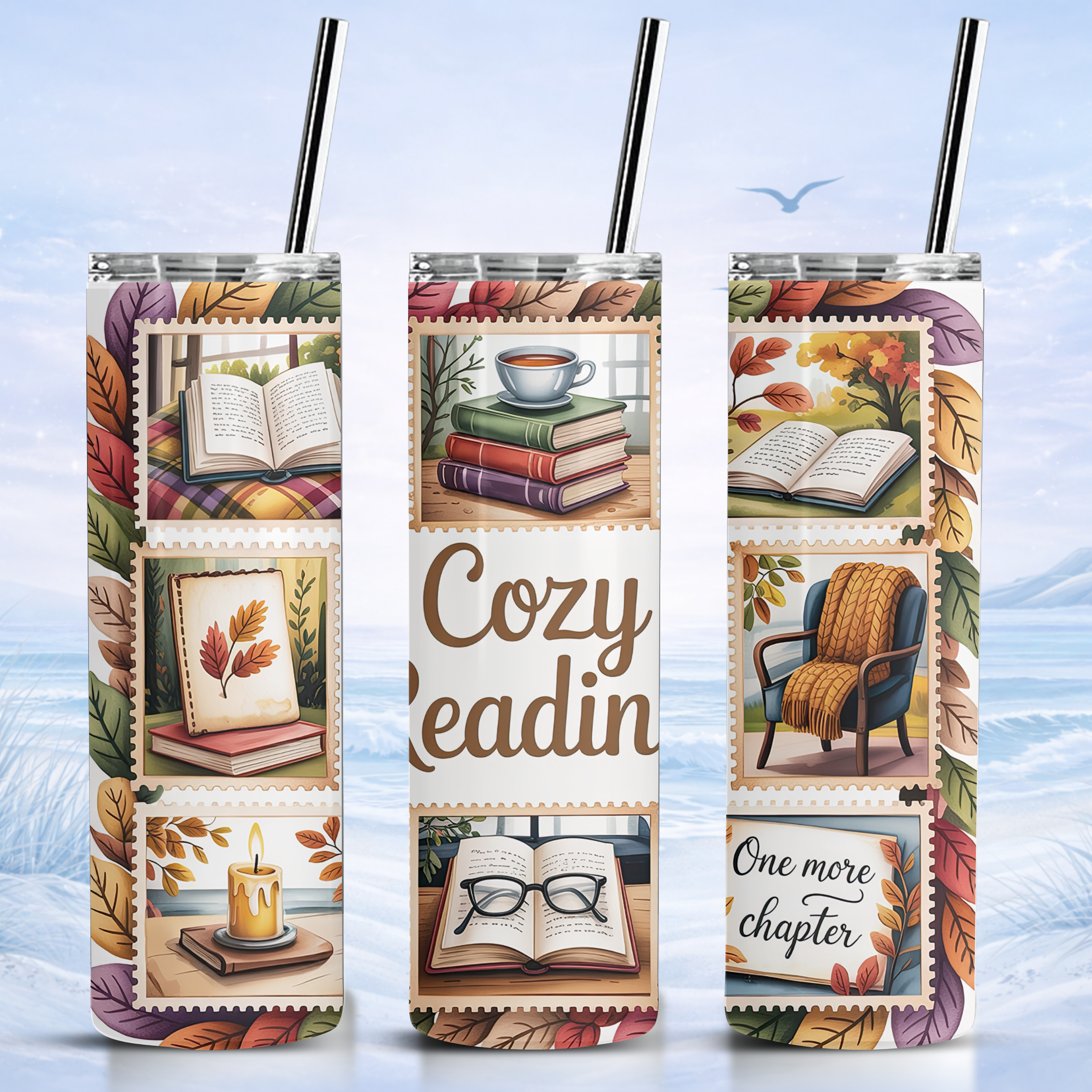cozy reading tumbler fall book lover insulated skinny tumbler