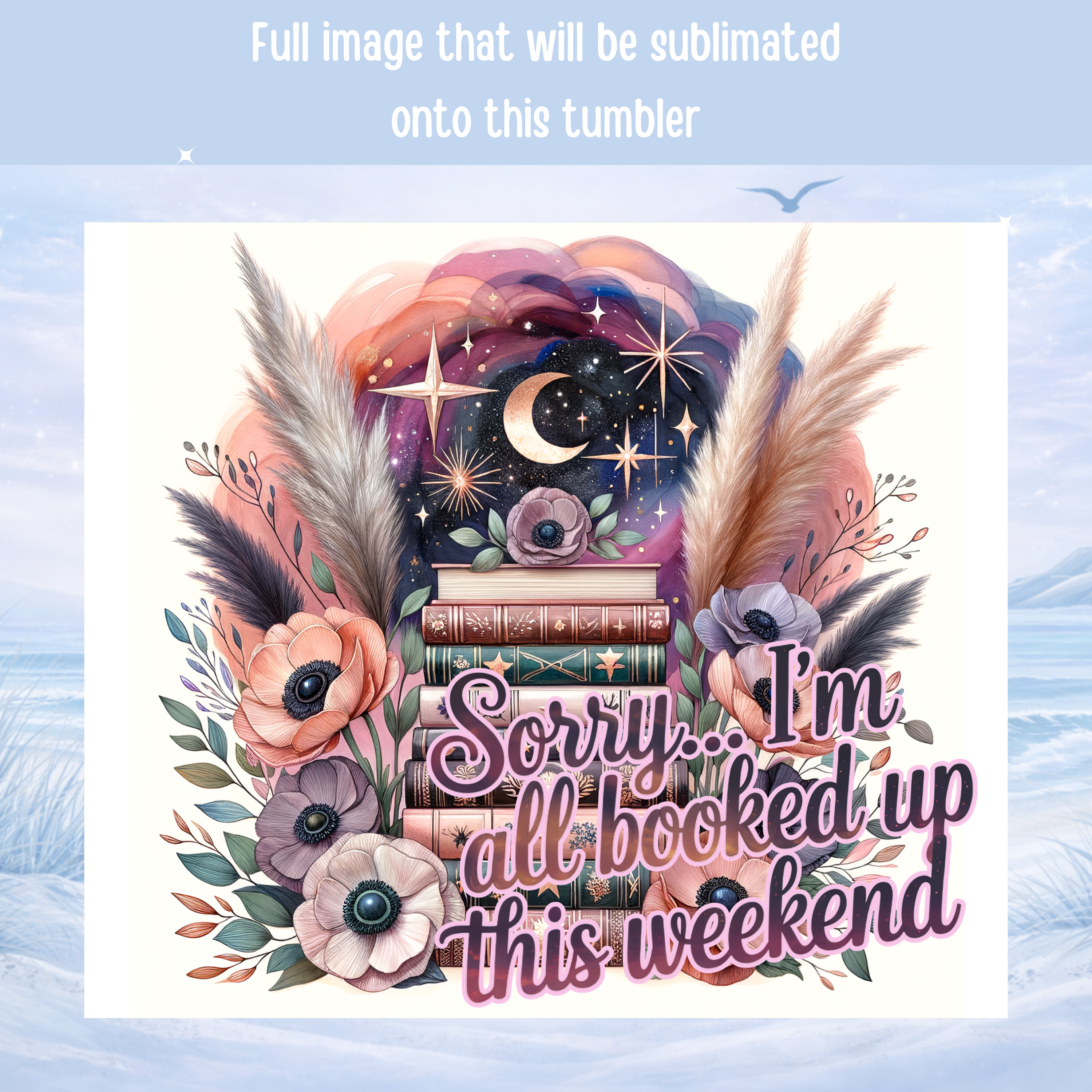 cozy reading tumbler floral books moon aesthetic cup