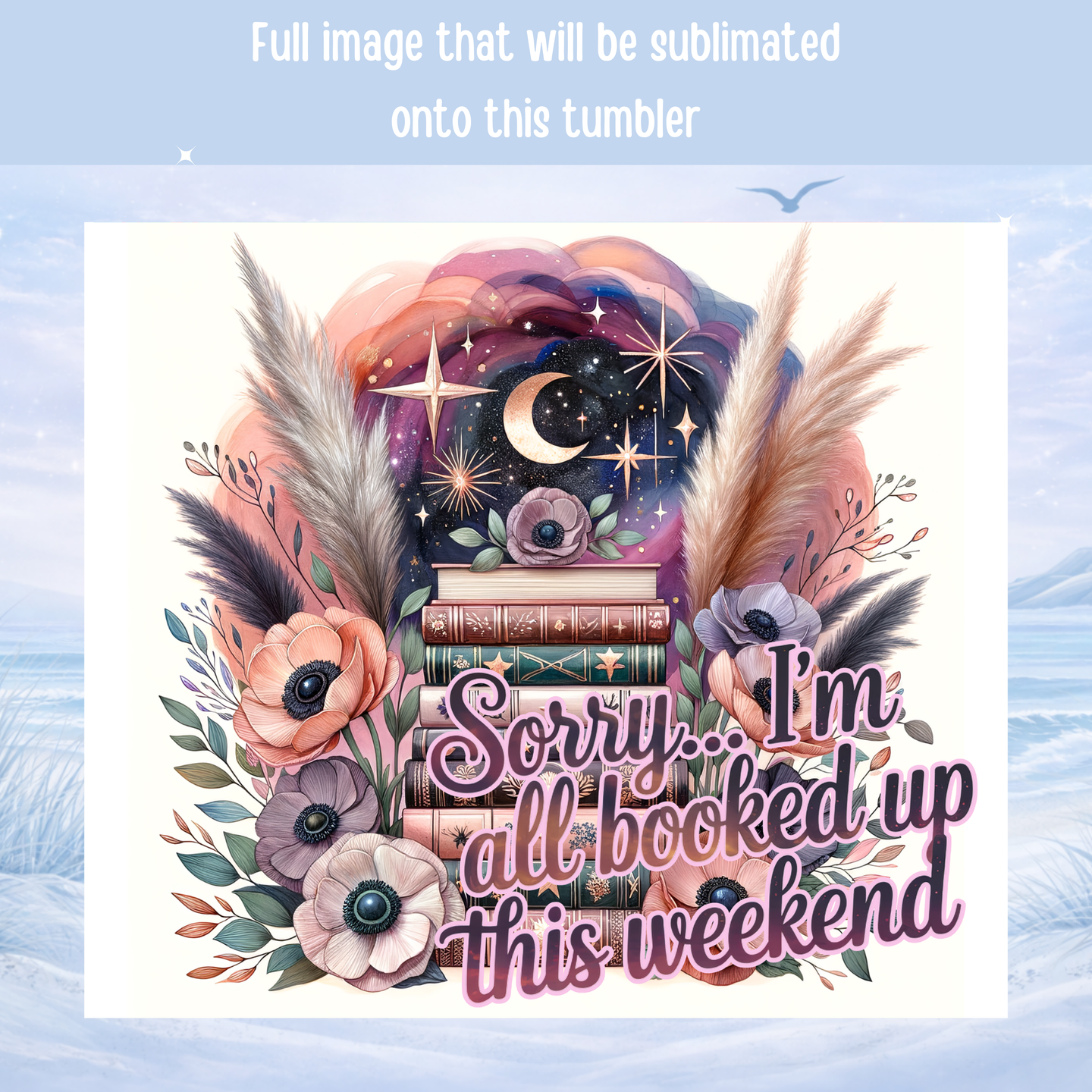 cozy reading tumbler floral books moon aesthetic cup