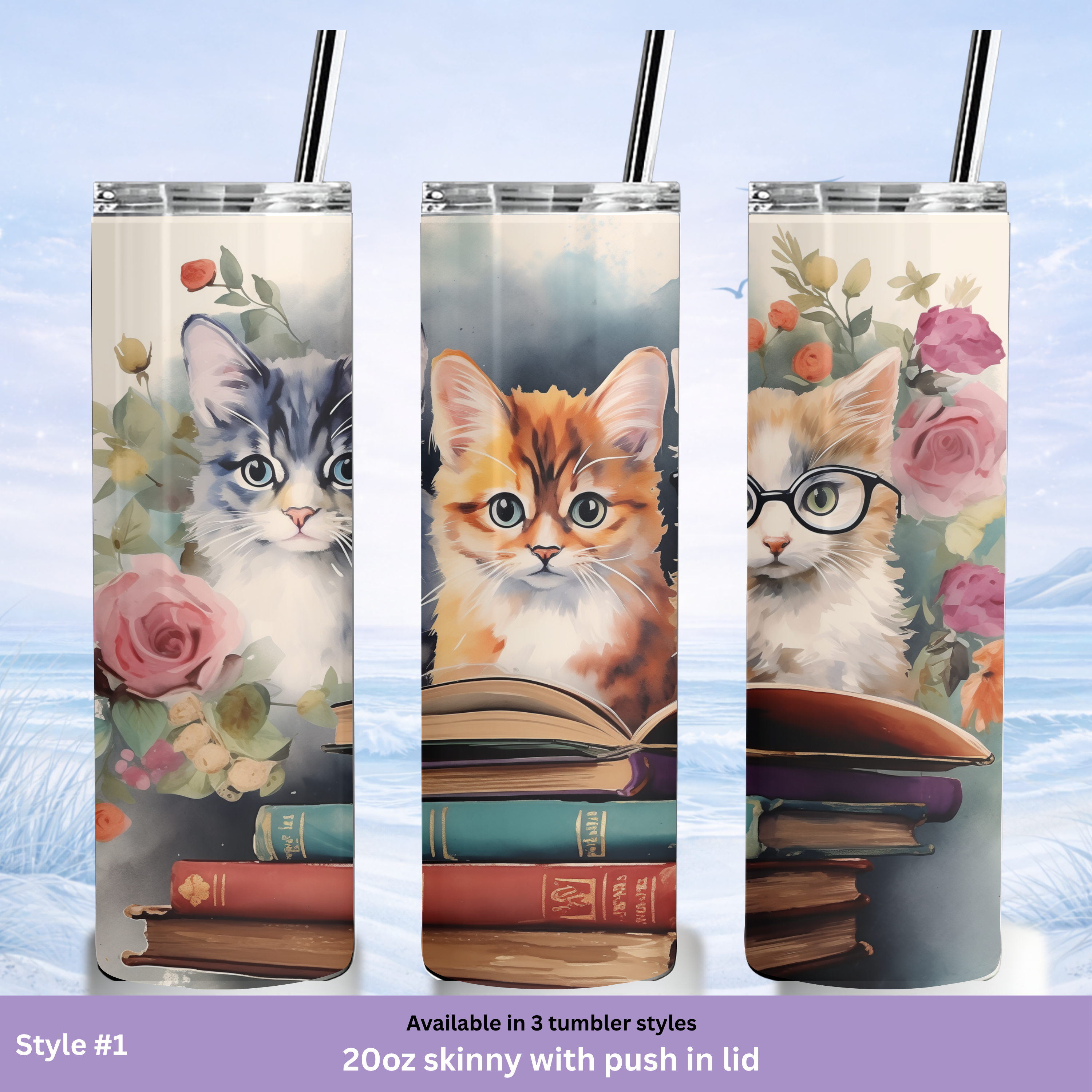 cute animal tumbler kitten books design coffee cup