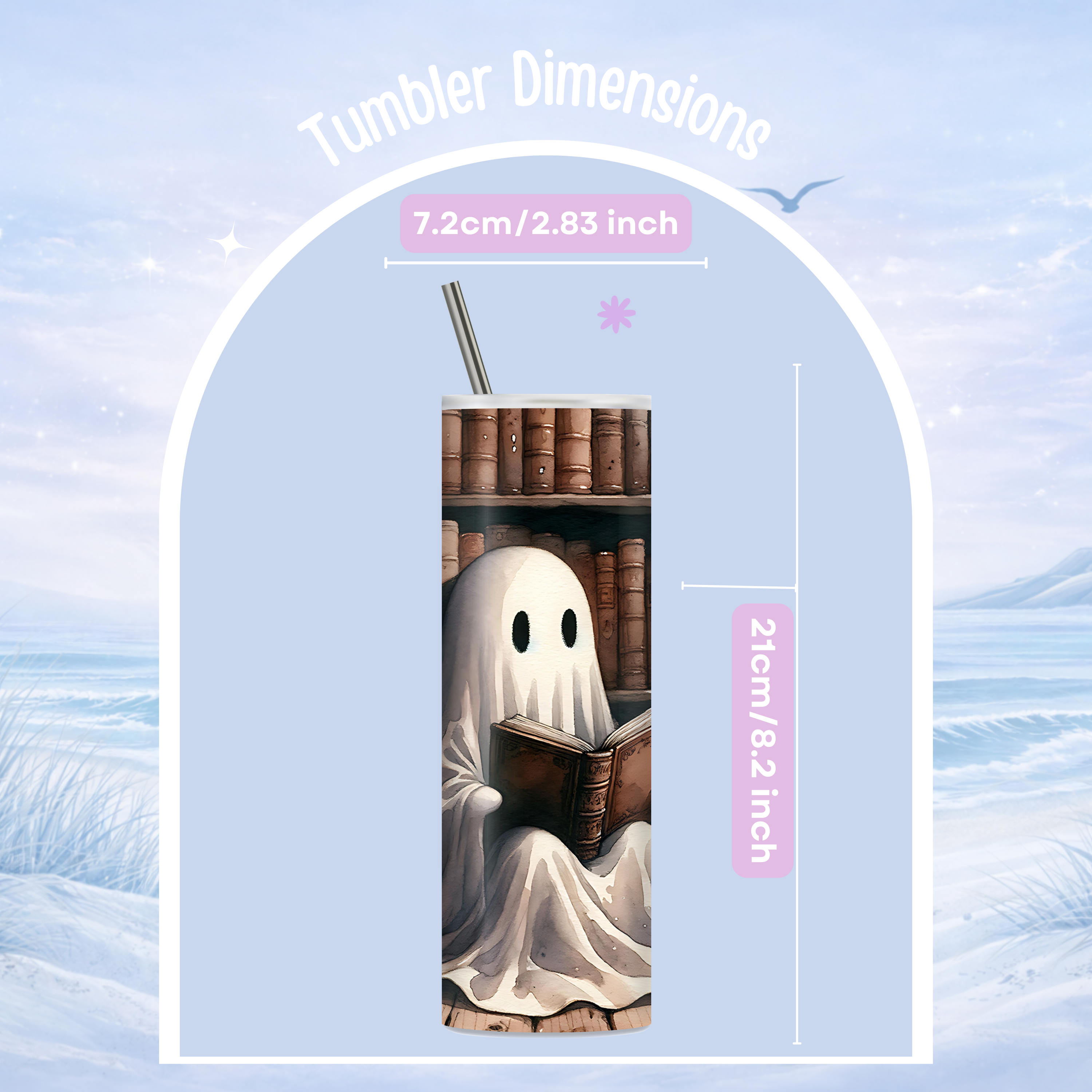 cute ghost tumbler reading books design