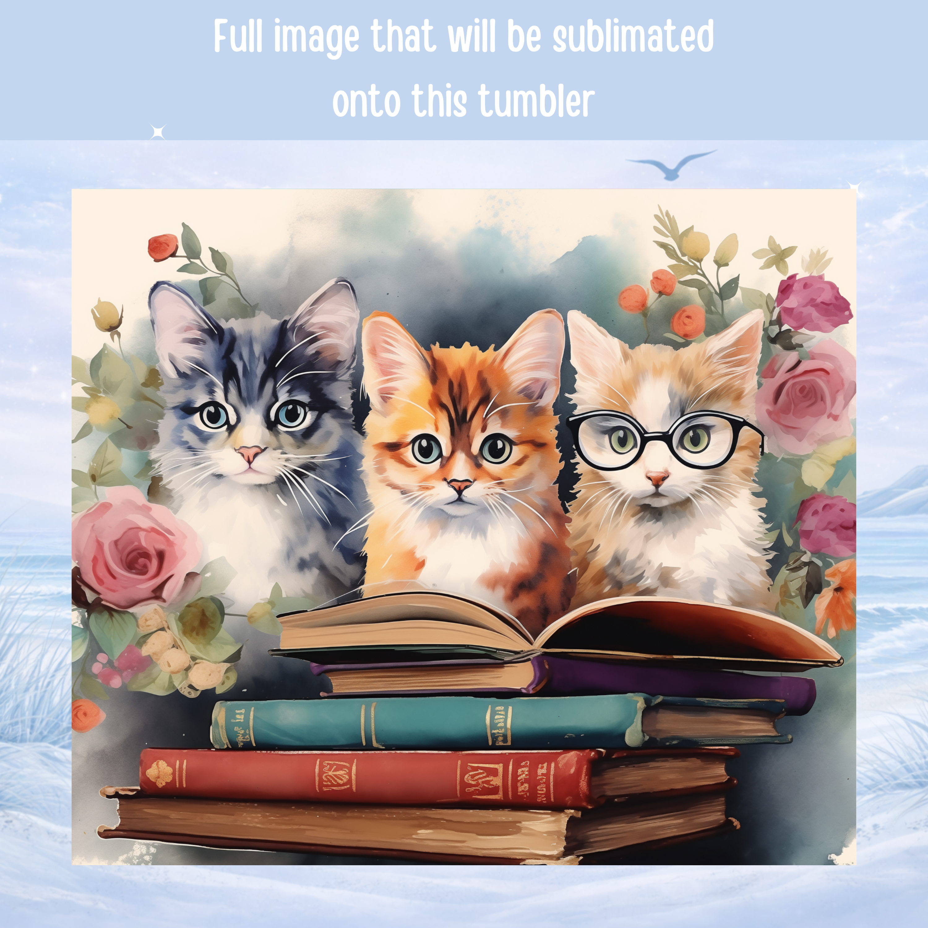 cute kitten reading books tumbler floral aesthetic cup