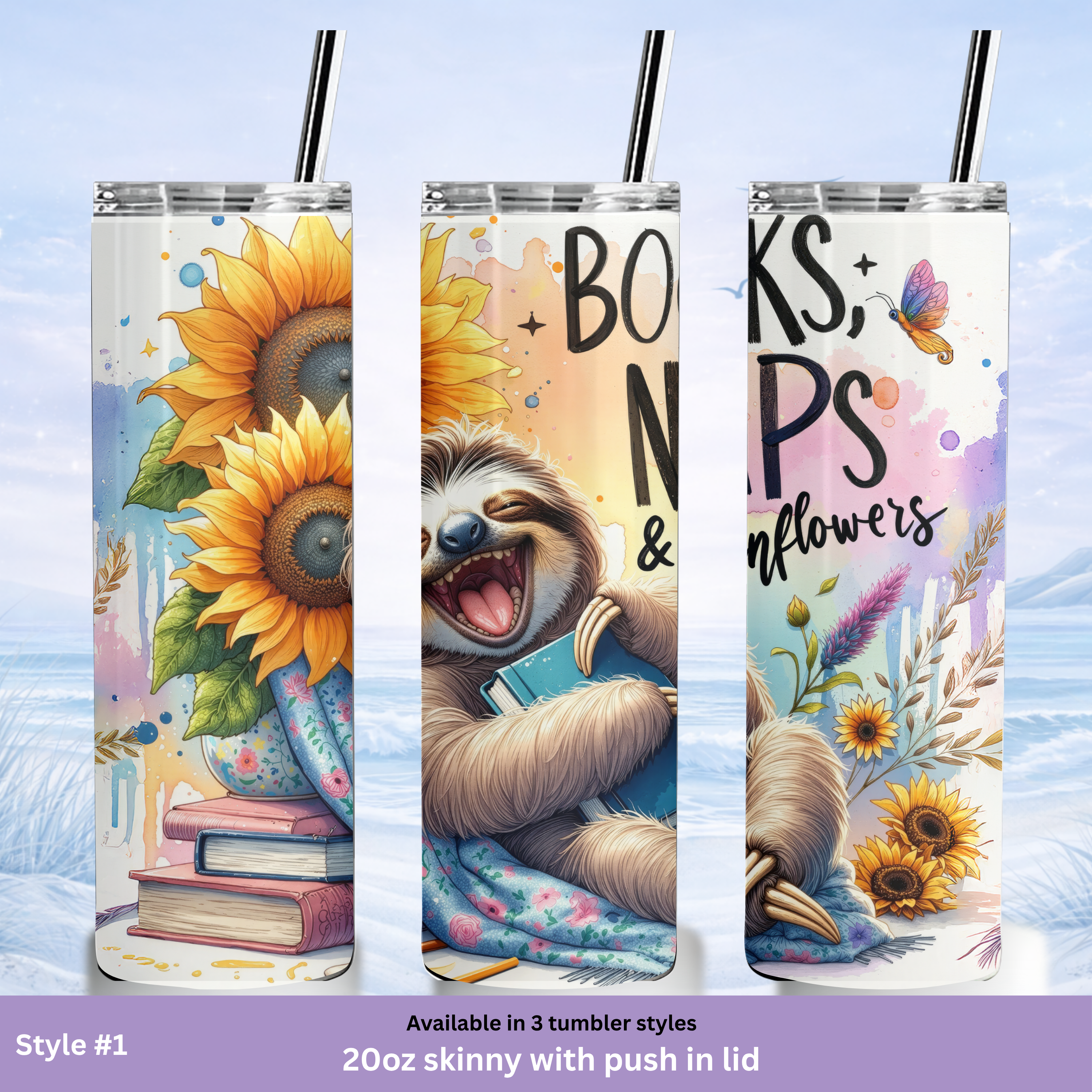 cute sloth coffee tumbler with sunflowers design