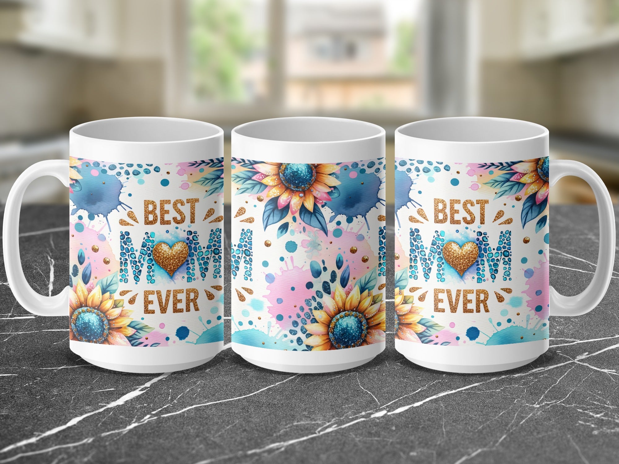 Three white ceramic mugs with "BEST MOM EVER" design and floral accents.