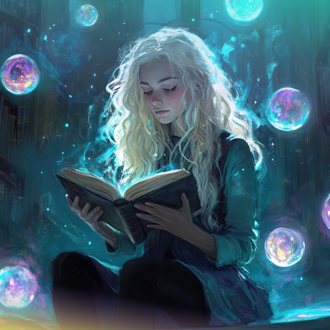 Young woman with glowing blond hair reads an open book surrounded by luminous orbs.