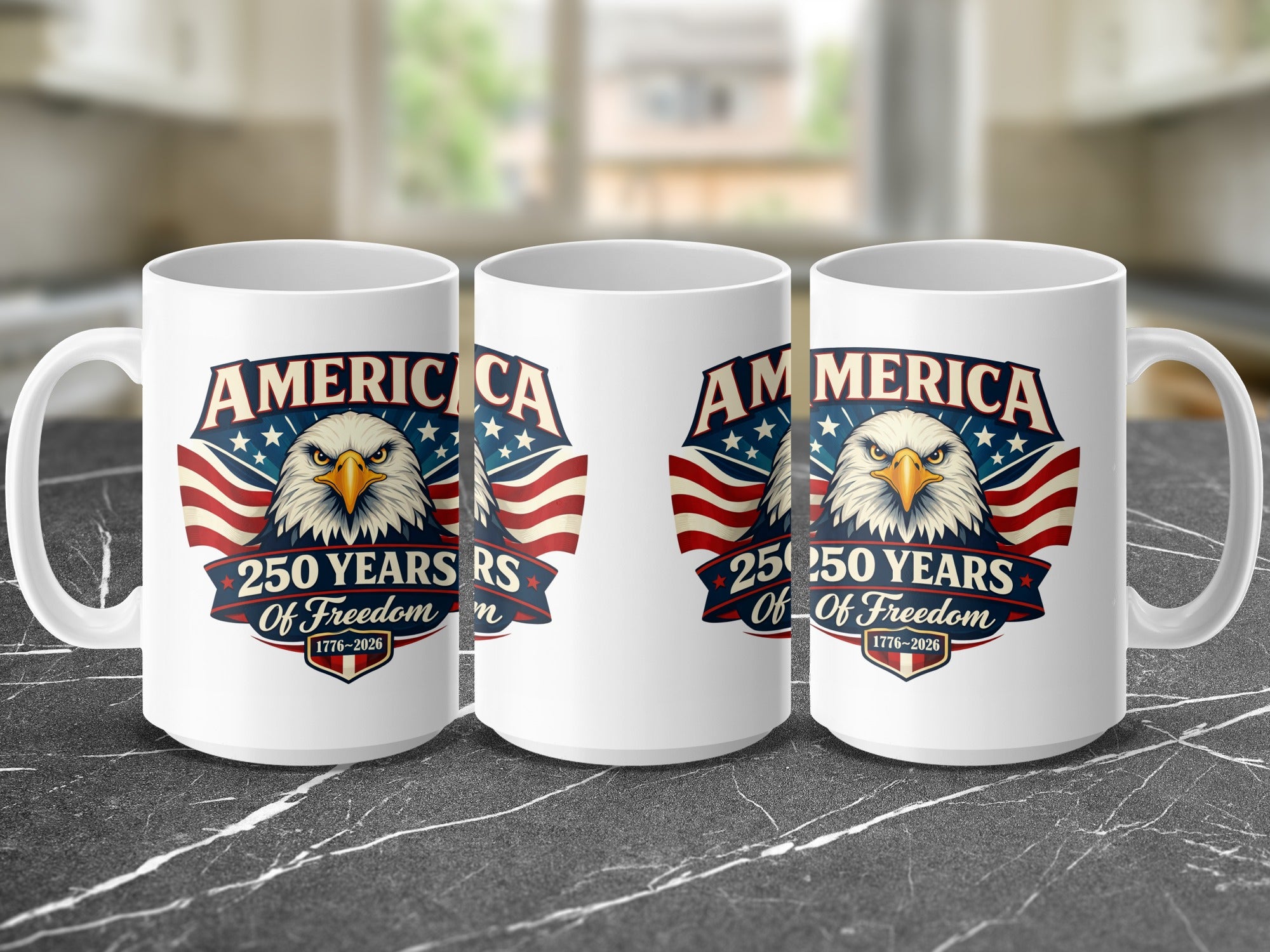 Mug with American flag, eagle, and "250 Years of Freedom 1776-2026".