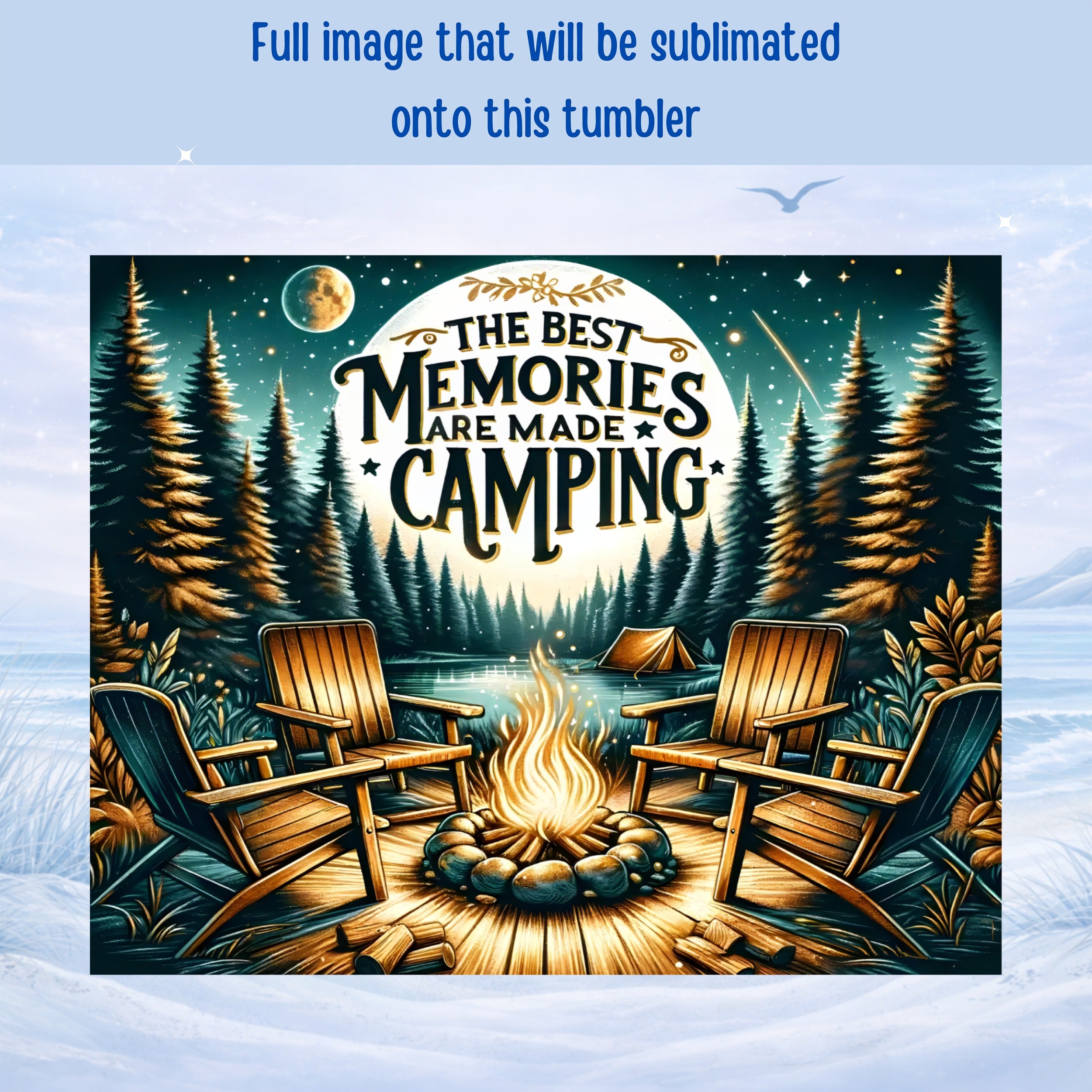 Camping scene with Adirondack chairs around a campfire under a full moon.