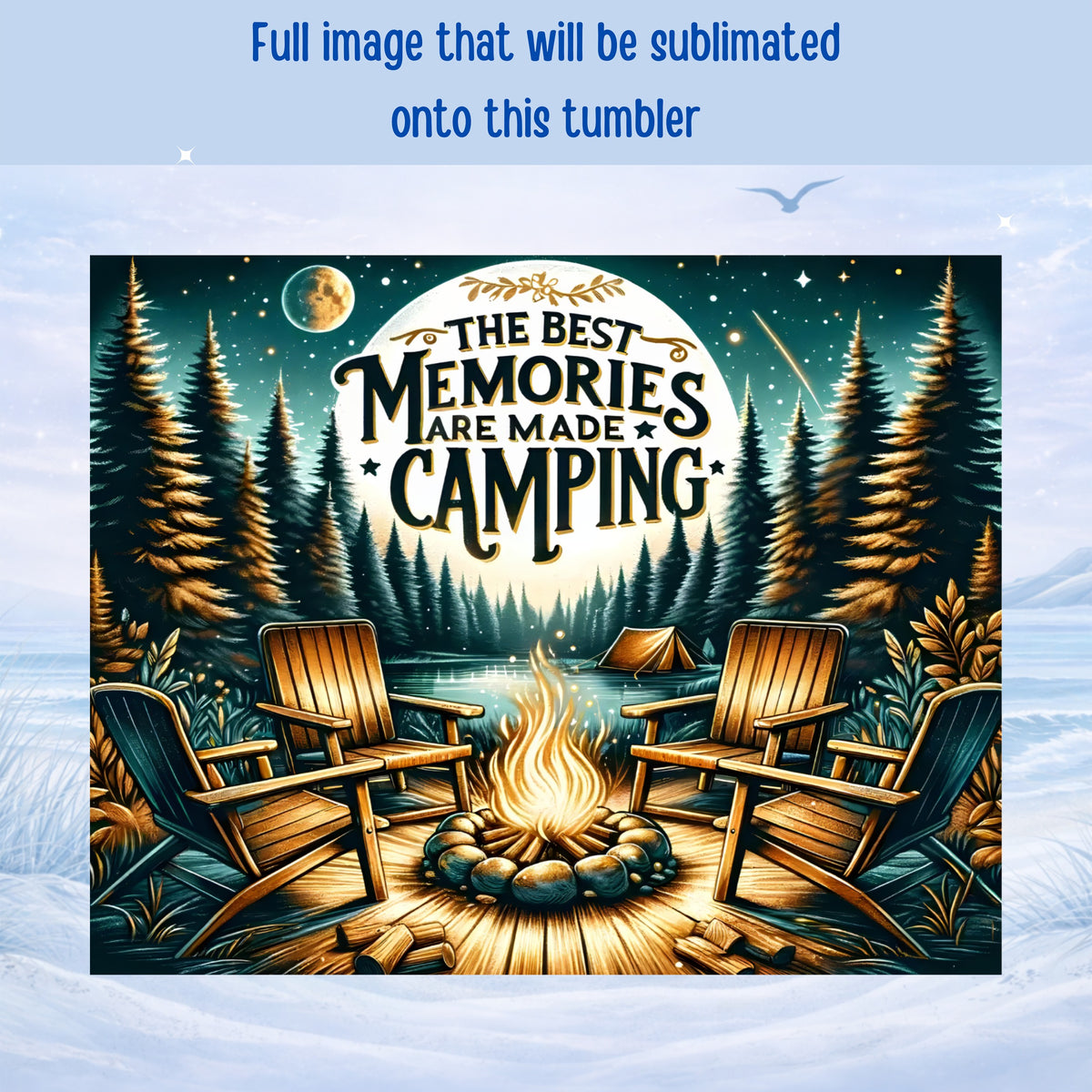 Camping scene with Adirondack chairs around a campfire under a full moon.