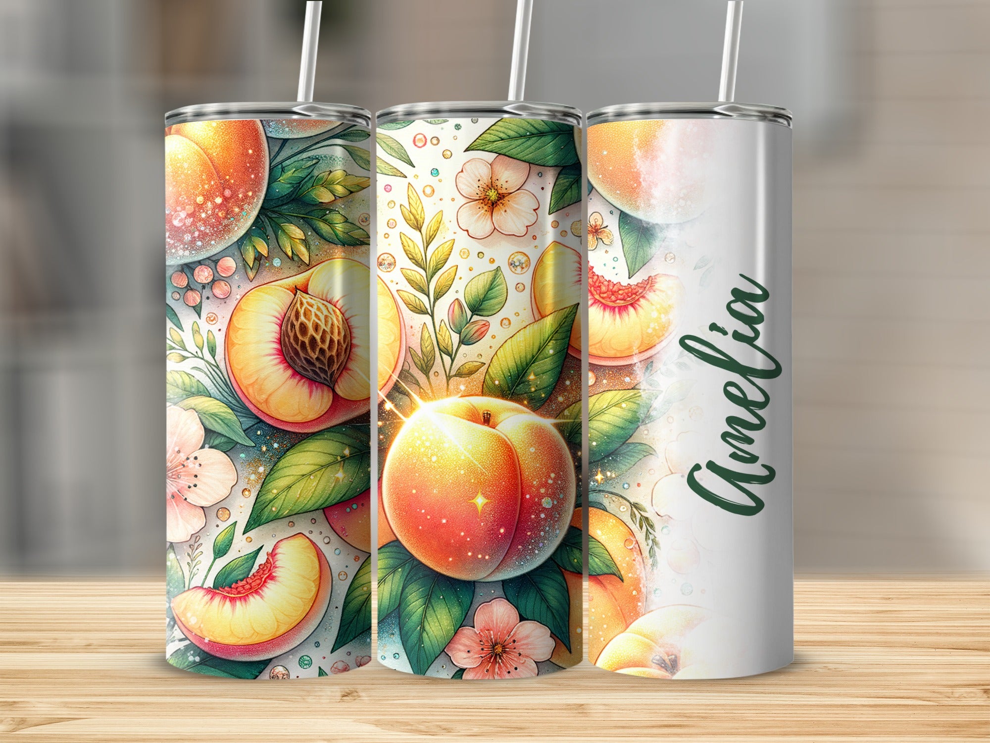 Three tumblers with peach illustrations and "Amelia" text.