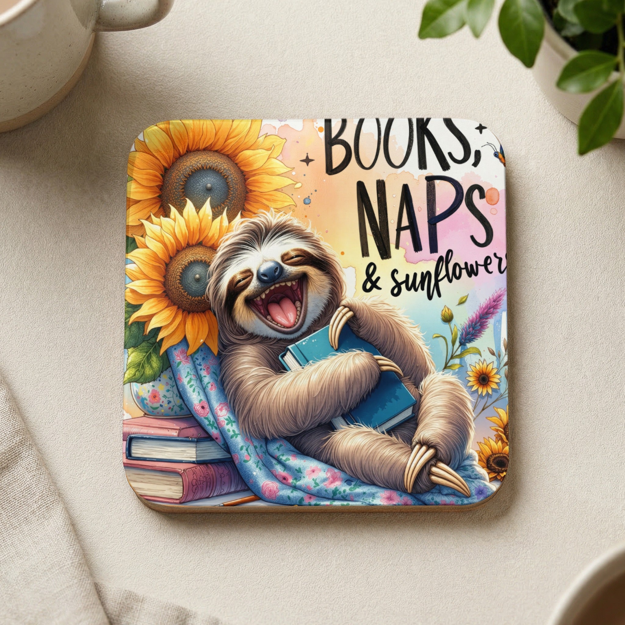 Cute sloth with sunflowers holding a book, text "BOOKS, NAPS & sunflower".