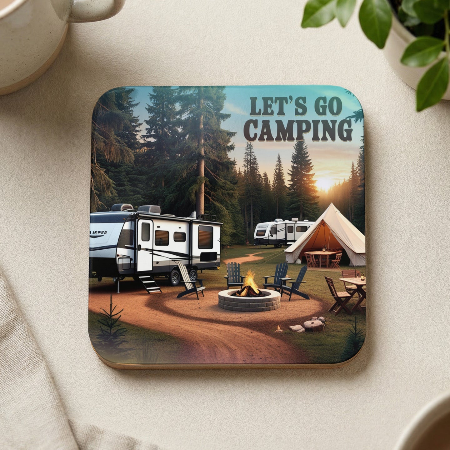Camper trailer, tent, and campfire scene with "LET'S GO CAMPING" text.
