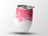 White tumbler with pink alcohol ink design and silver lid.