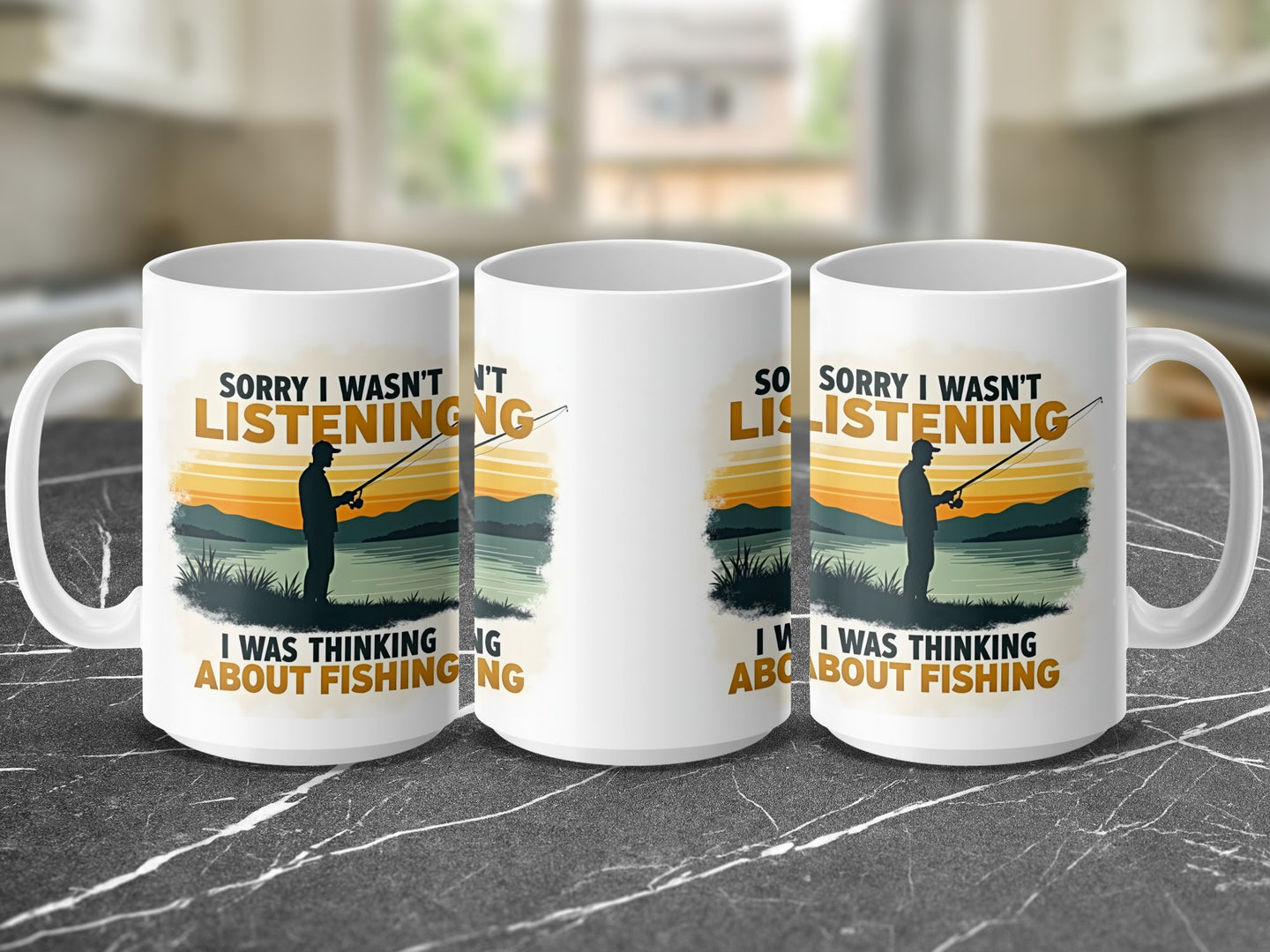 Mug with silhouette of fisherman and text "Sorry I wasn't listening I was thinking about fishing."
