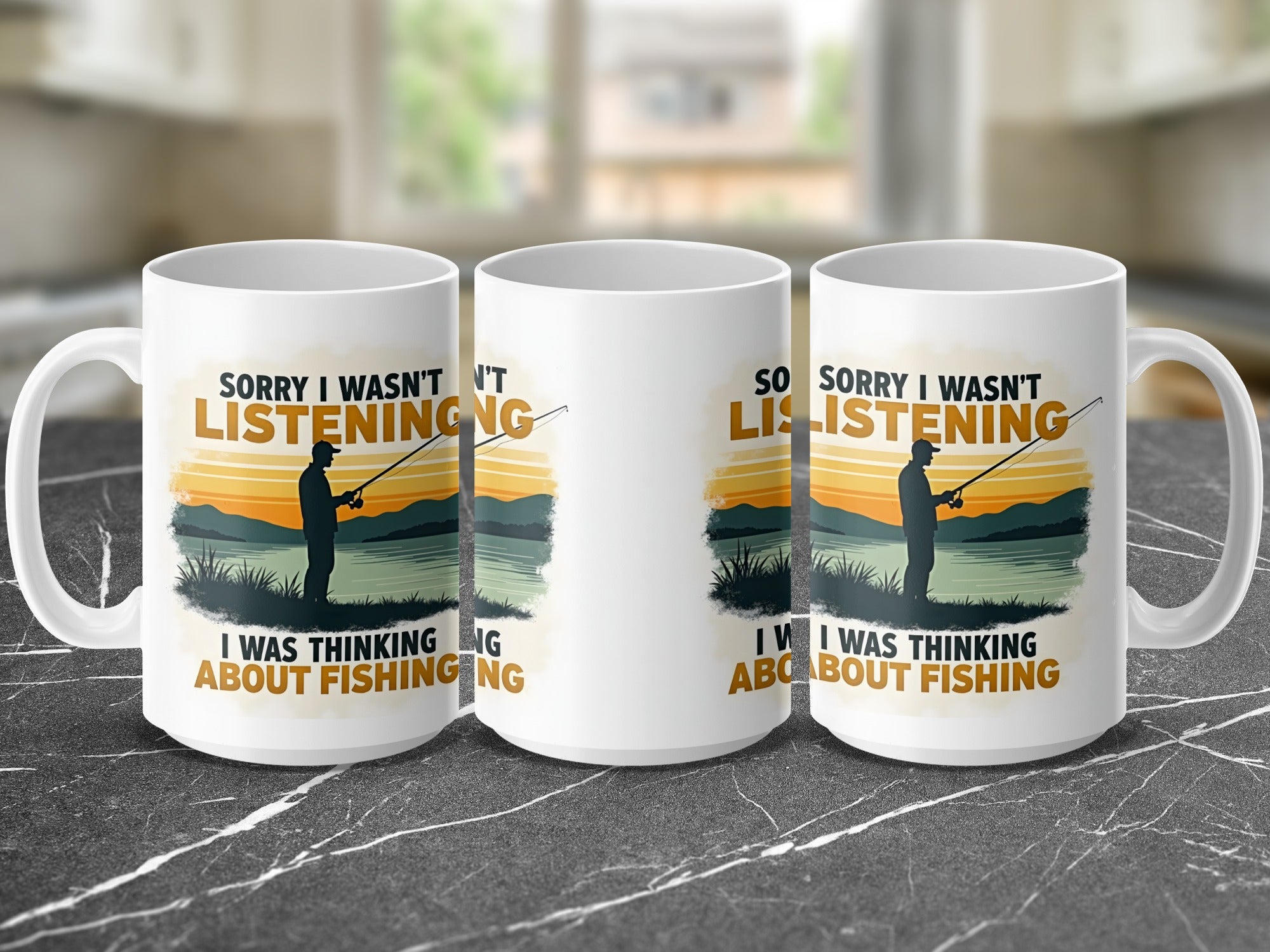 Mug with silhouette of fisherman and text "Sorry I wasn't listening I was thinking about fishing."