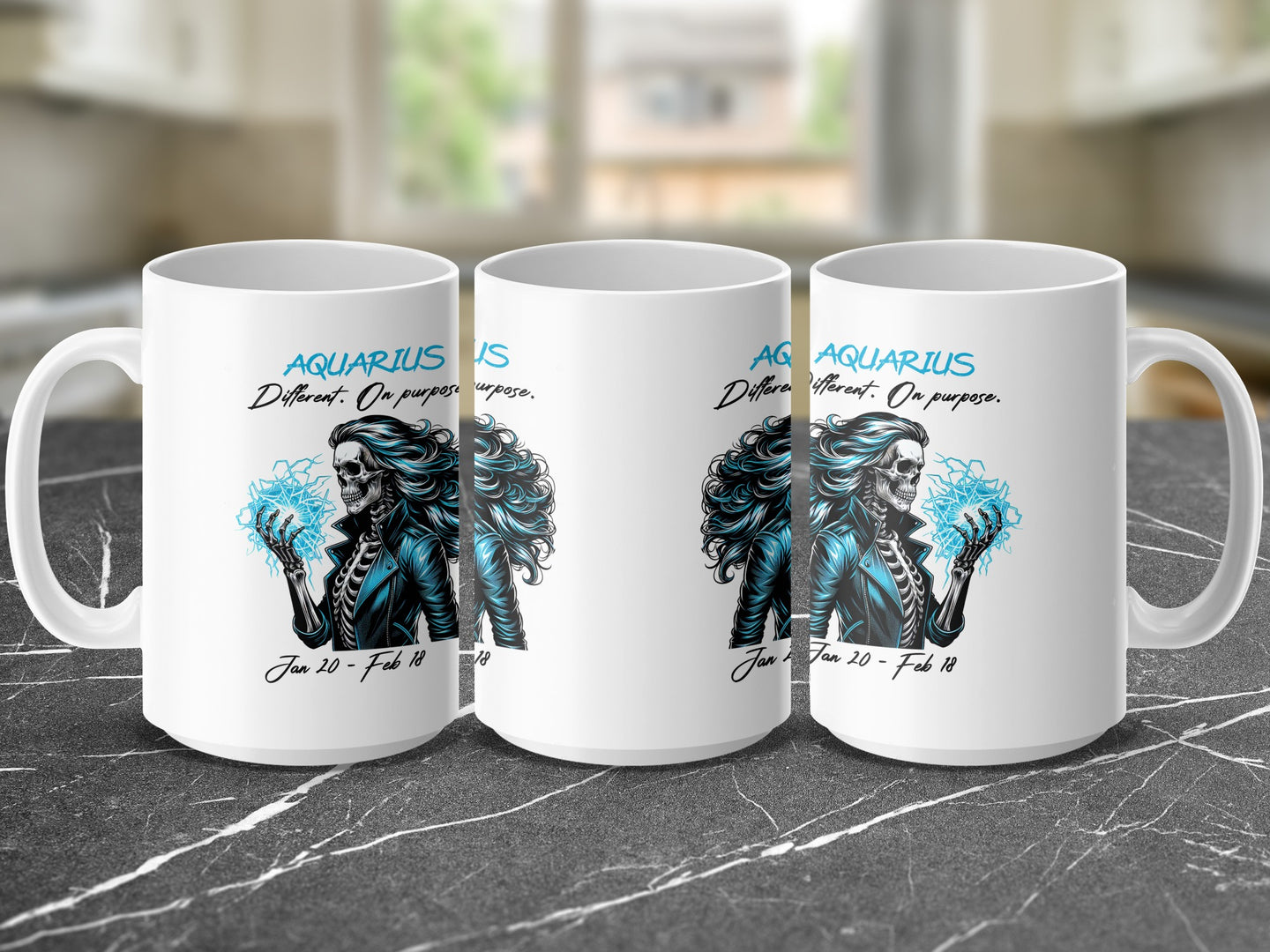 White mug with Aquarius skeleton graphic and text "Different. On purpose."