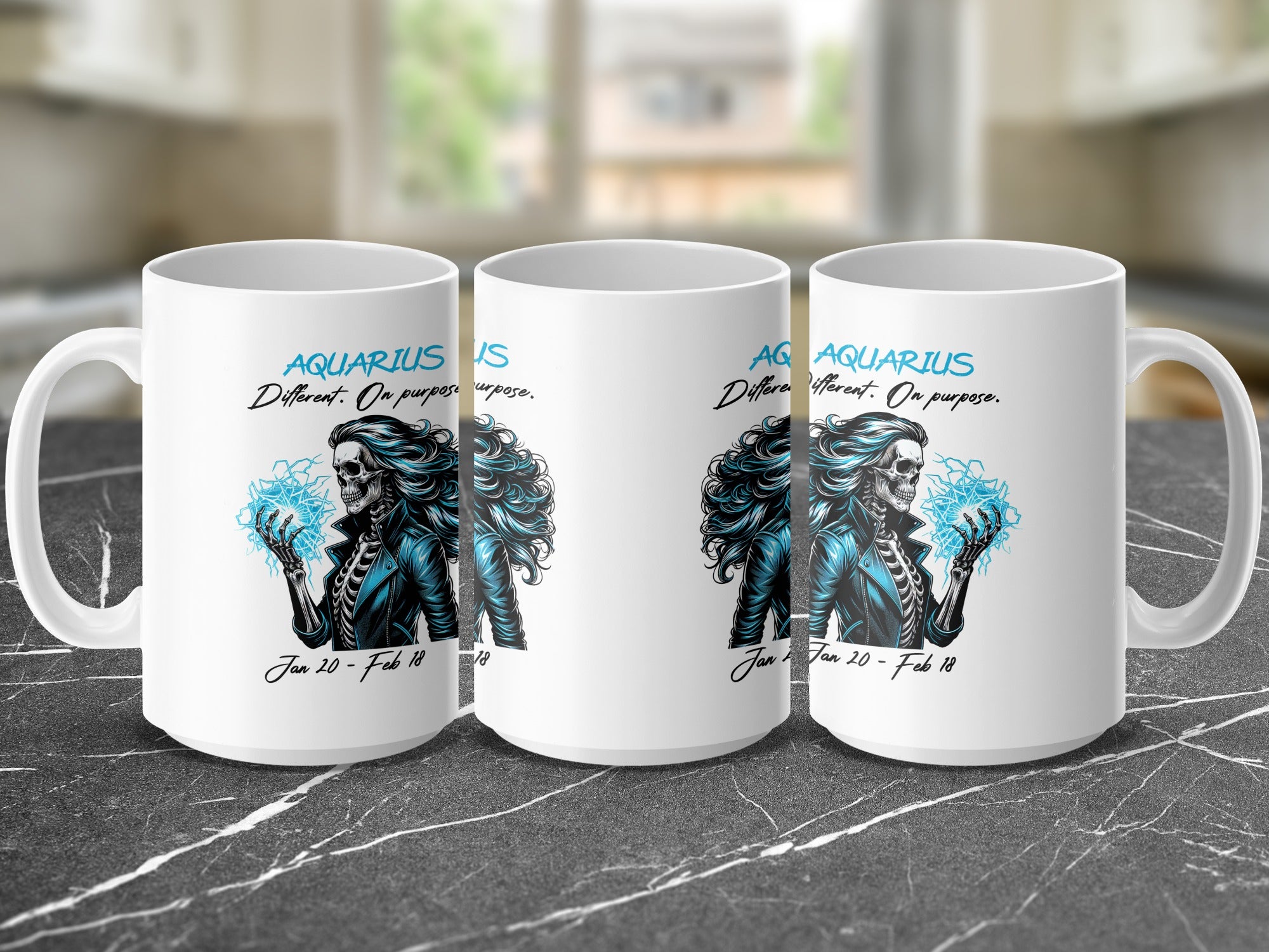 White mug with Aquarius skeleton graphic and text "Different. On purpose."