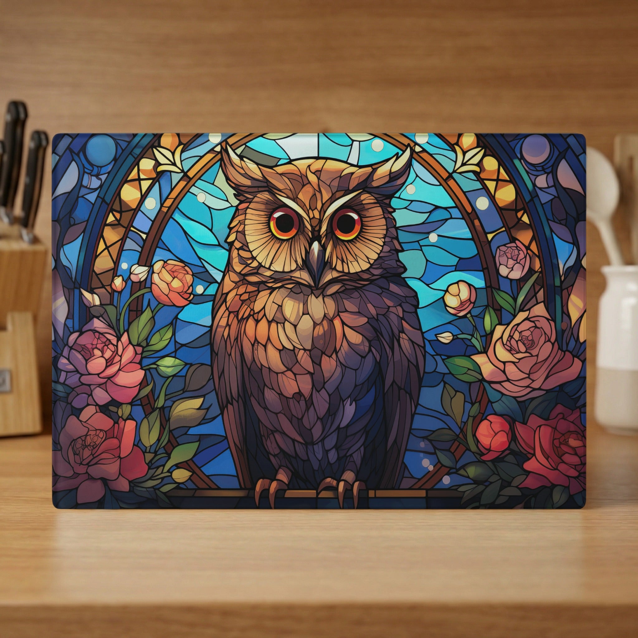 Stained glass owl with roses in a decorative archway.