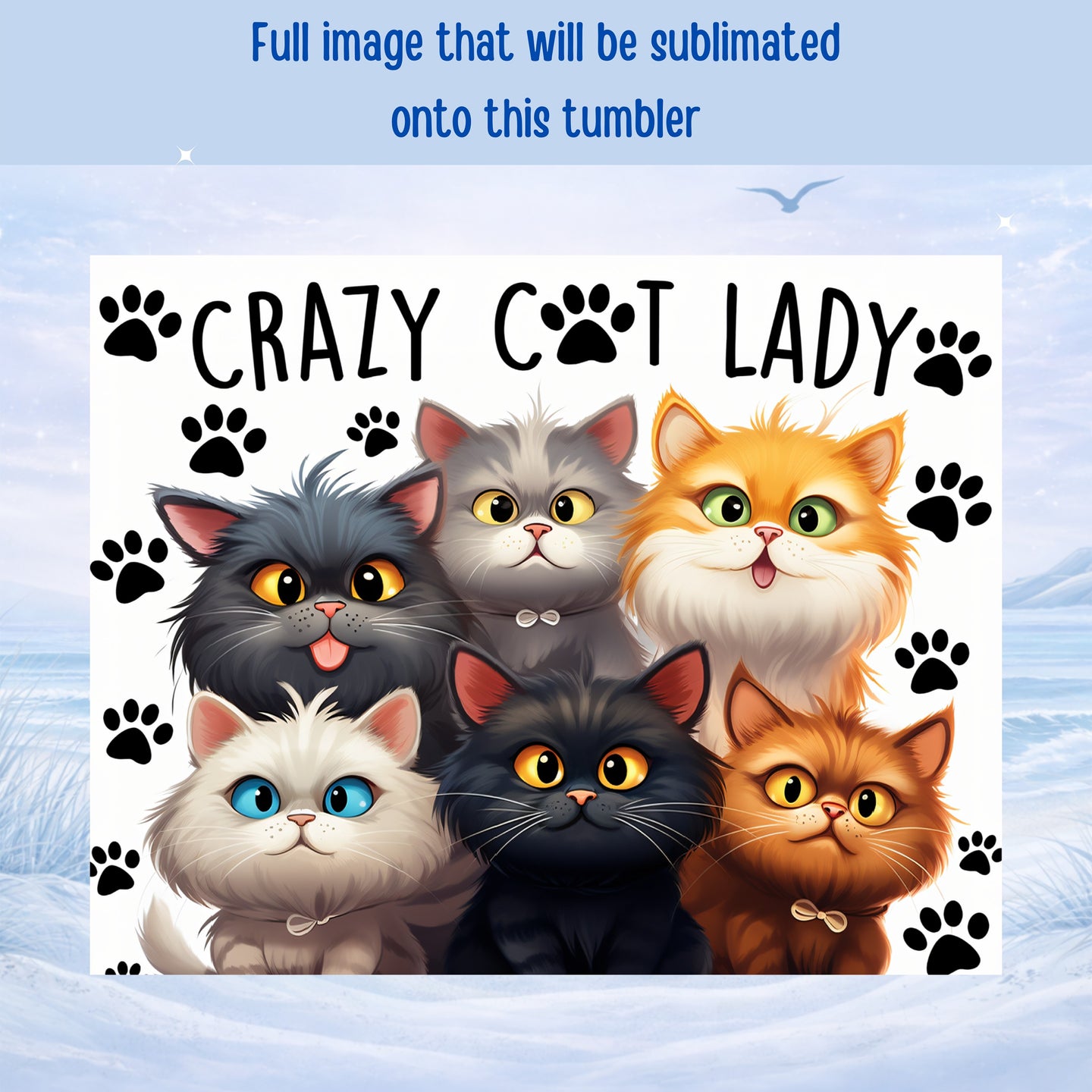 Five cartoon cats with "Crazy Cat Lady" text and paw prints.
