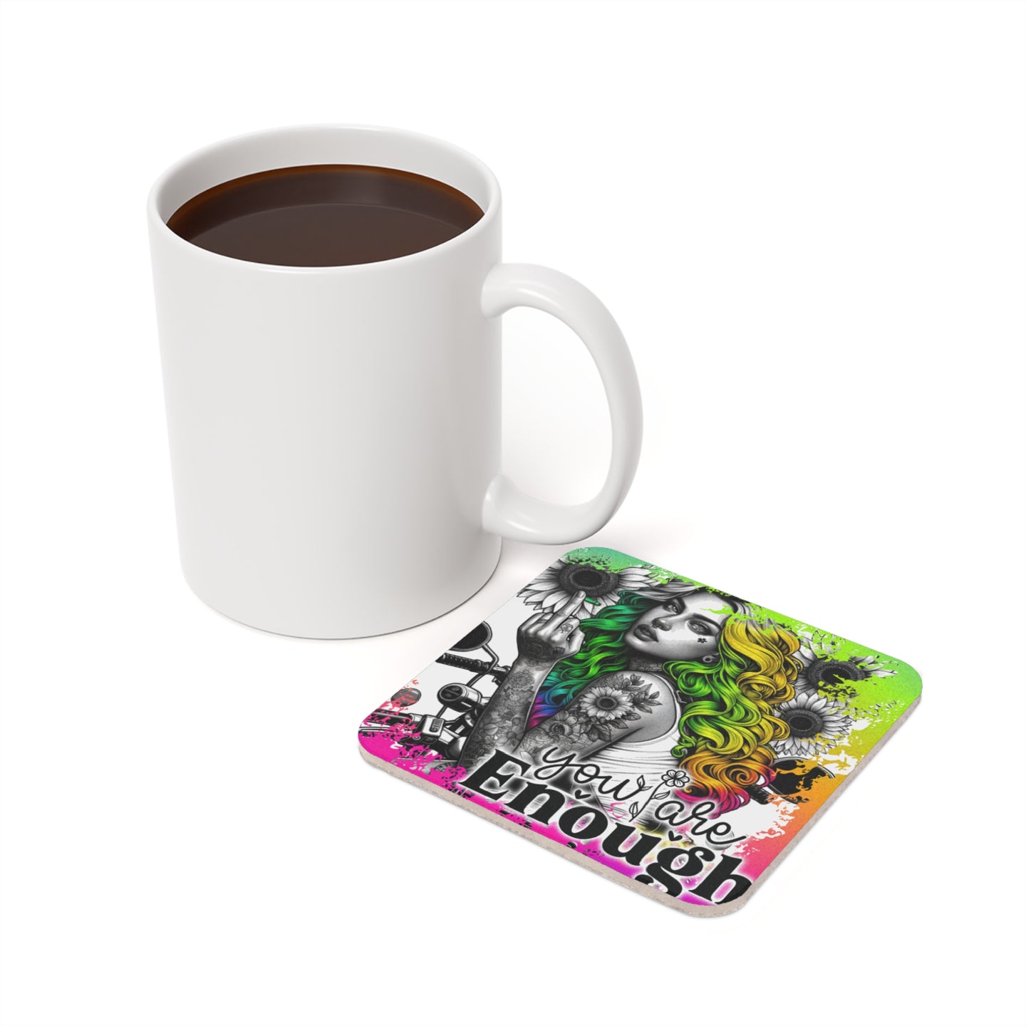 Coaster with "You are Enough" text and colorful woman with sunflowers.