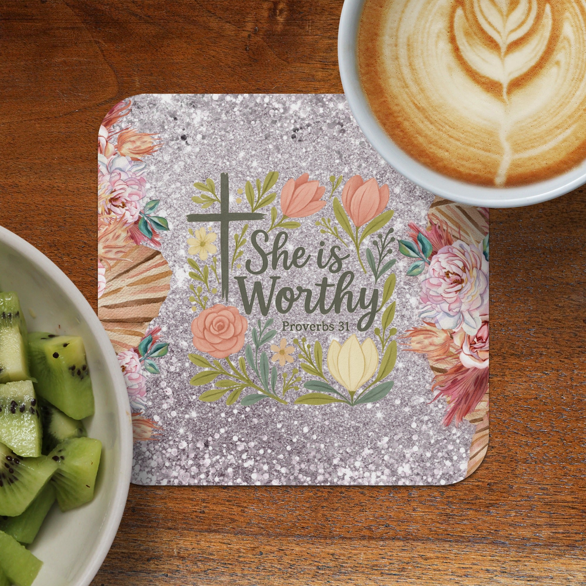 Glitter coaster with floral cross, "She is Worthy," and "Proverbs 31."