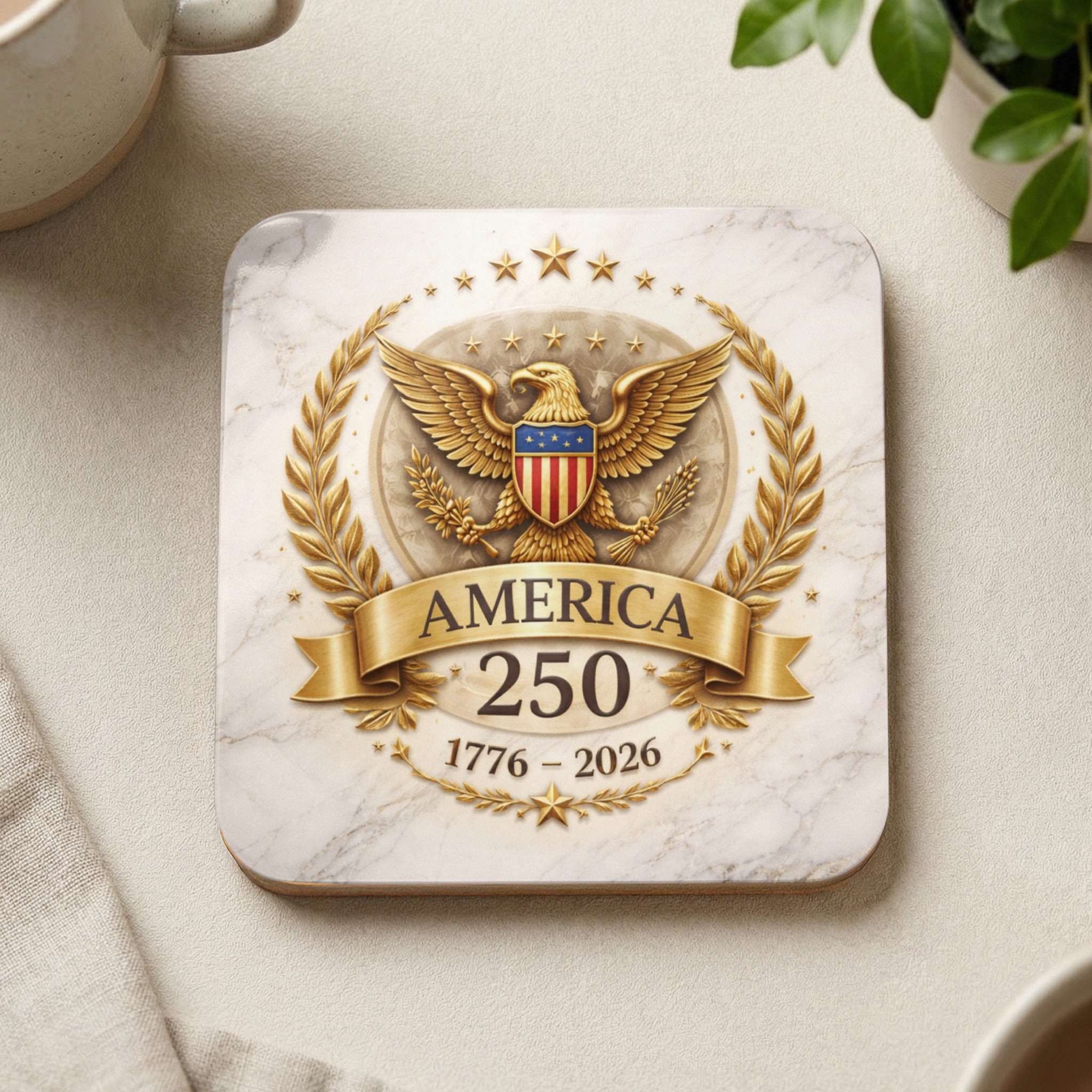 Coaster with eagle, shield, stars, laurel wreath, "America 250", and "1776 - 2026".