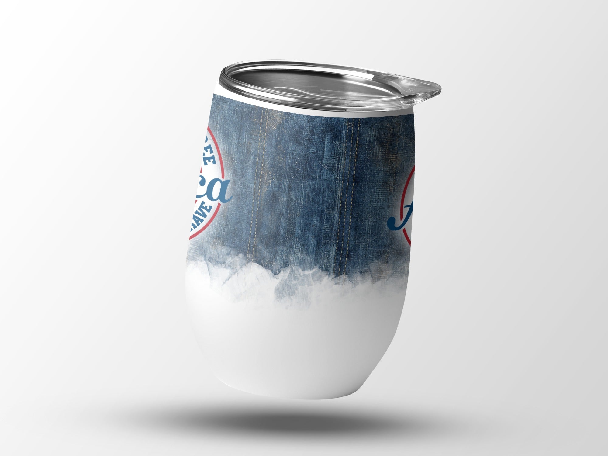 Denim-patterned tumbler with "Coffee is my superpower" text and blue accents.