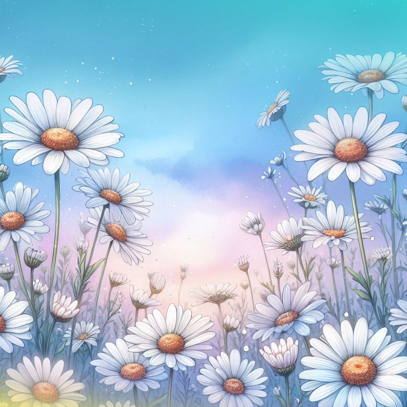 Field of white daisies against a soft blue and pink sky.