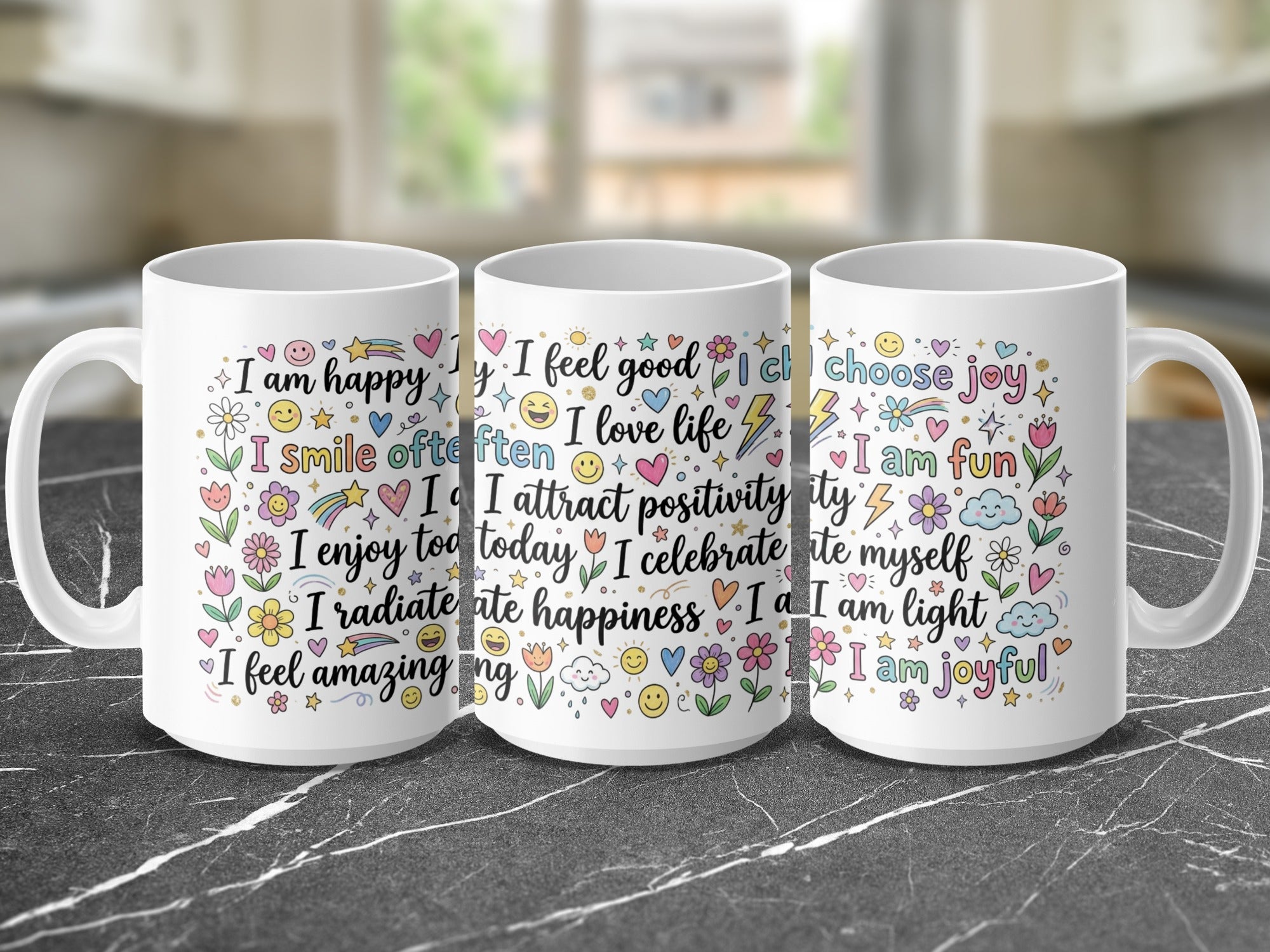 Three white mugs with colorful positive affirmations and floral designs.